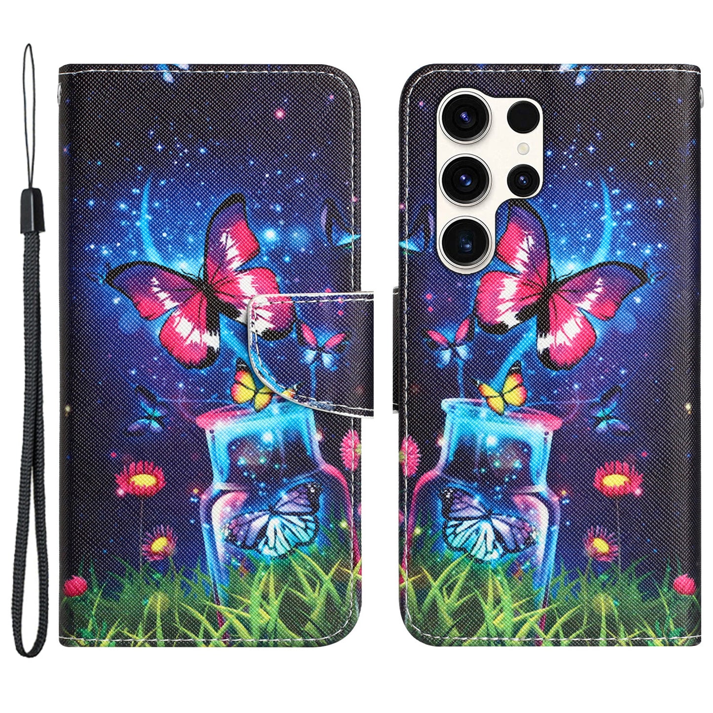 For Samsung Galaxy S24 Ultra Case Pattern Printing Phone Cover with Wallet - Bottle and Butterfly