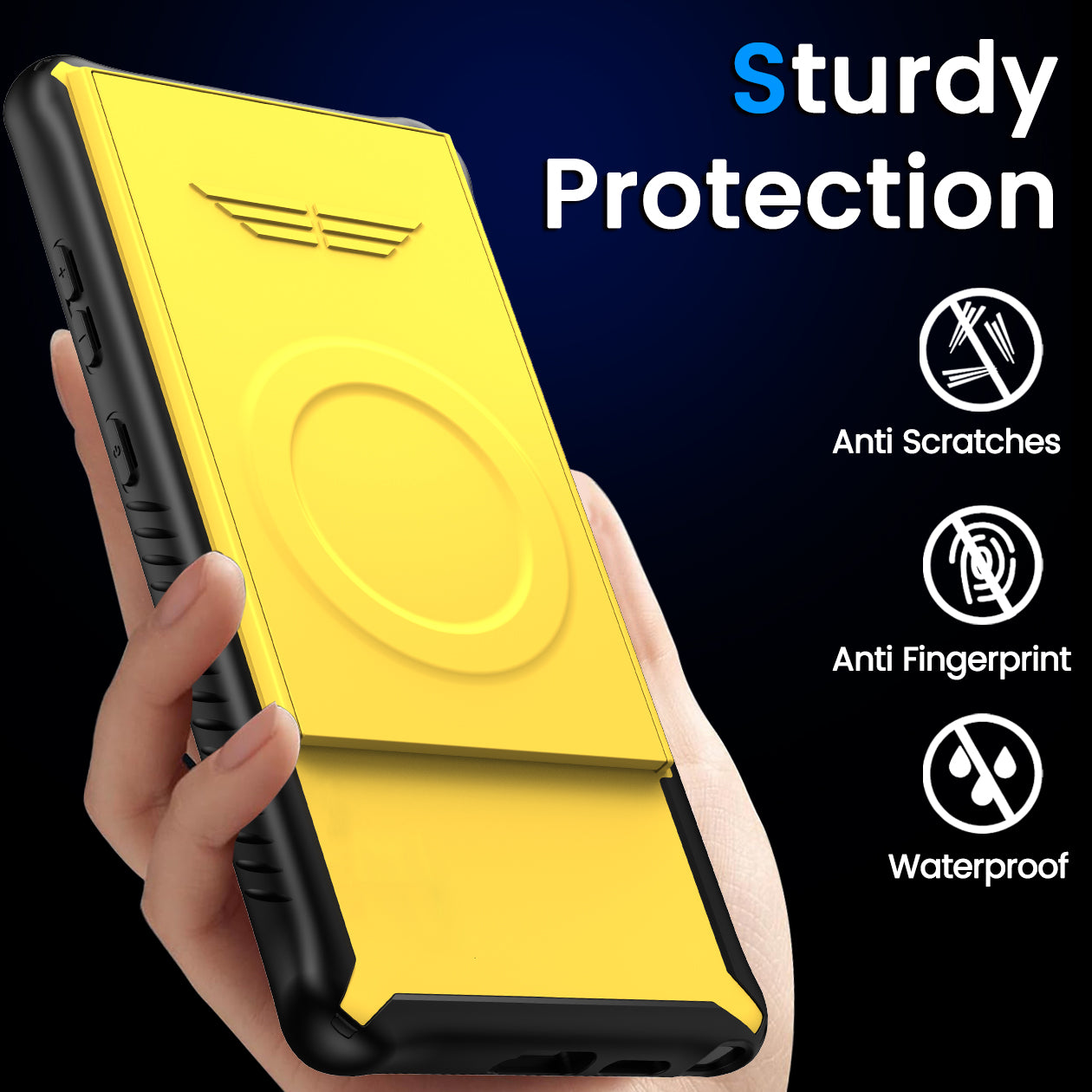 GKK For Samsung Galaxy S24 Magnetic Phone Case Slide Camera Protection Cover with Card Holder - Yellow