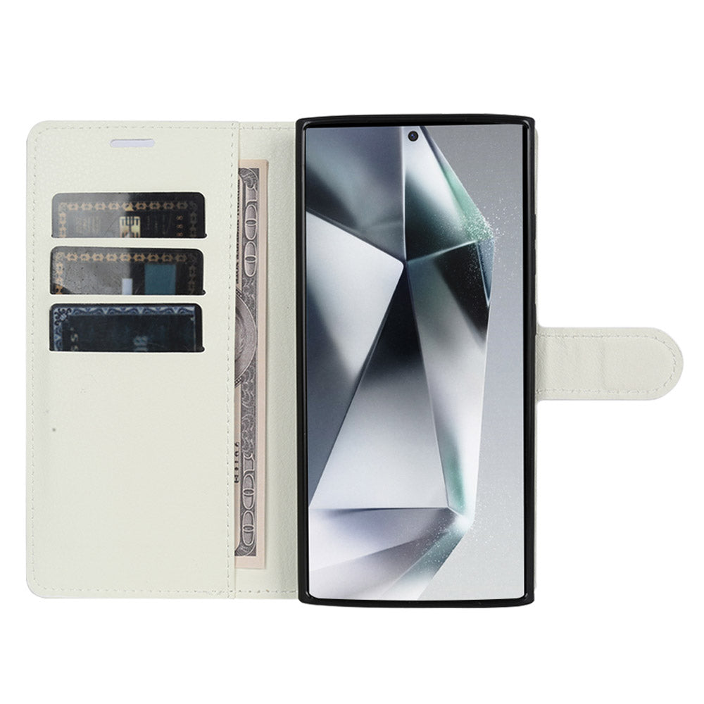 For Samsung Galaxy S24 Ultra Case Litchi Texture Wallet Phone Cover with Stand - White
