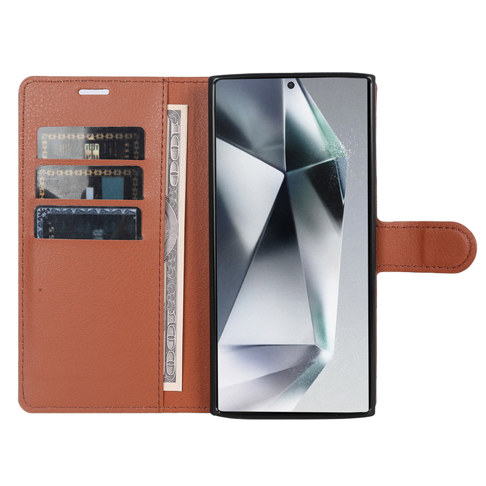 For Samsung Galaxy S24 Ultra Case Litchi Texture Wallet Phone Cover with Stand - Brown