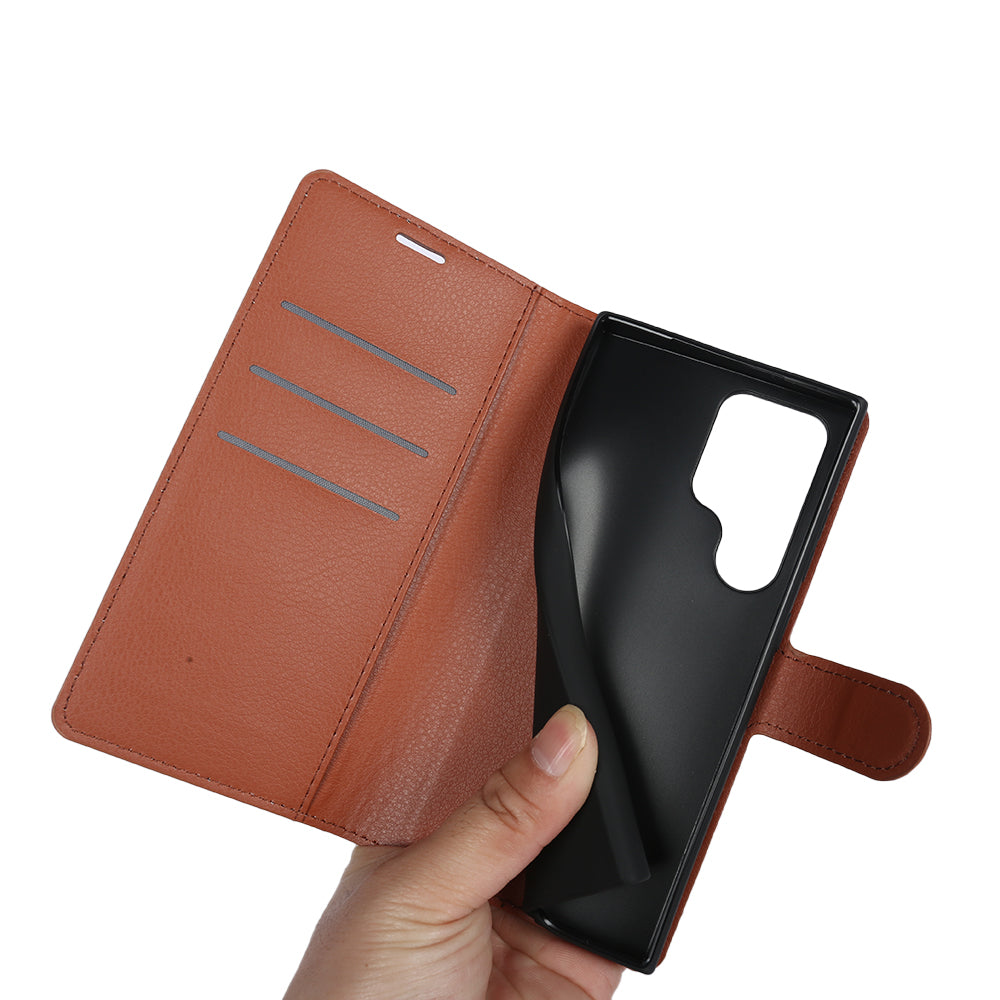 For Samsung Galaxy S24 Ultra Case Litchi Texture Wallet Phone Cover with Stand - Brown