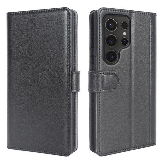 For Samsung Galaxy S24 Ultra Case Genuine Split Leather Stand Wallet Phone Cover - Black