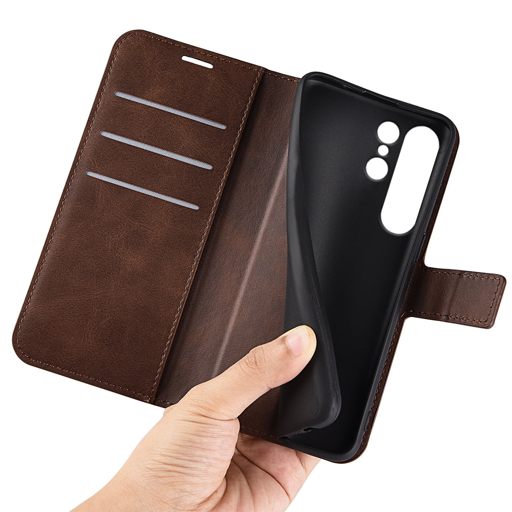 For Samsung Galaxy S24 Ultra Case Calf Texture PU Leather Protective Wallet Phone Cover - Brown