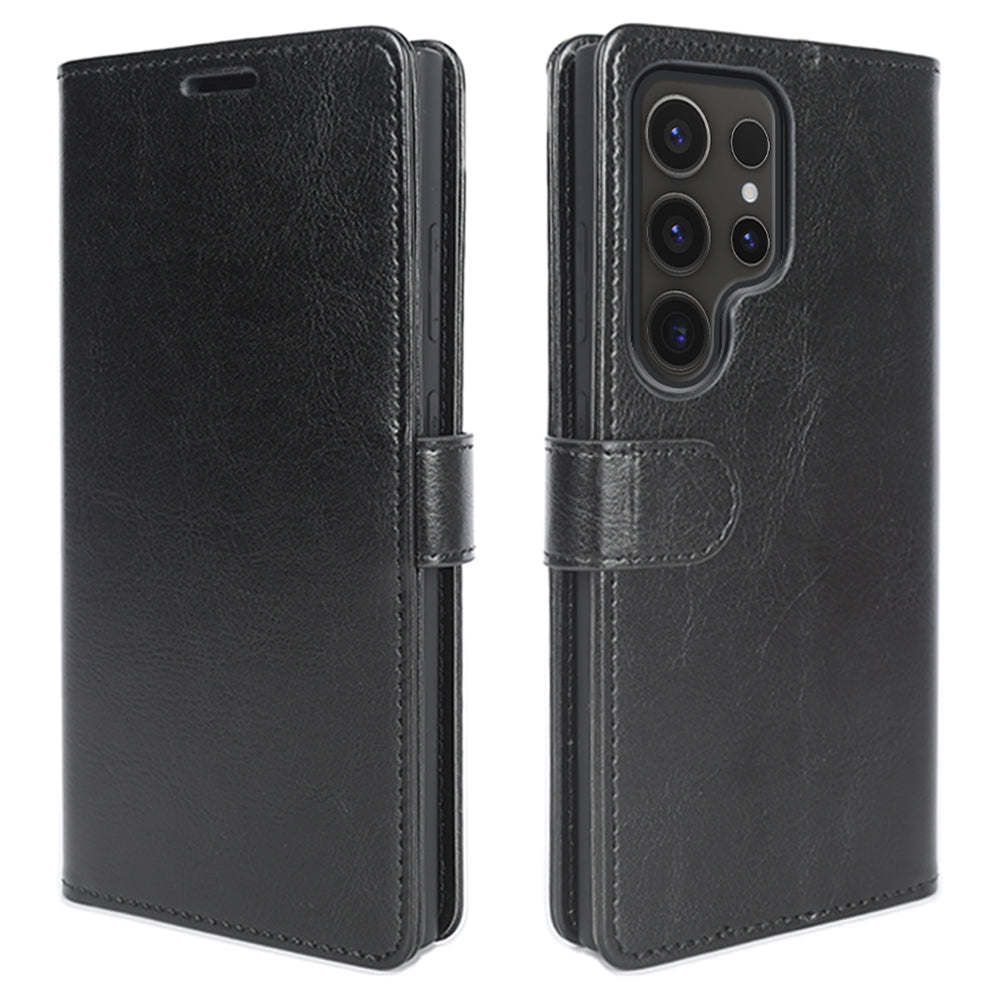 For Samsung Galaxy S24 Ultra Case Crazy Horse Texture Wallet Phone Case PU Leather Flip Cover - Black