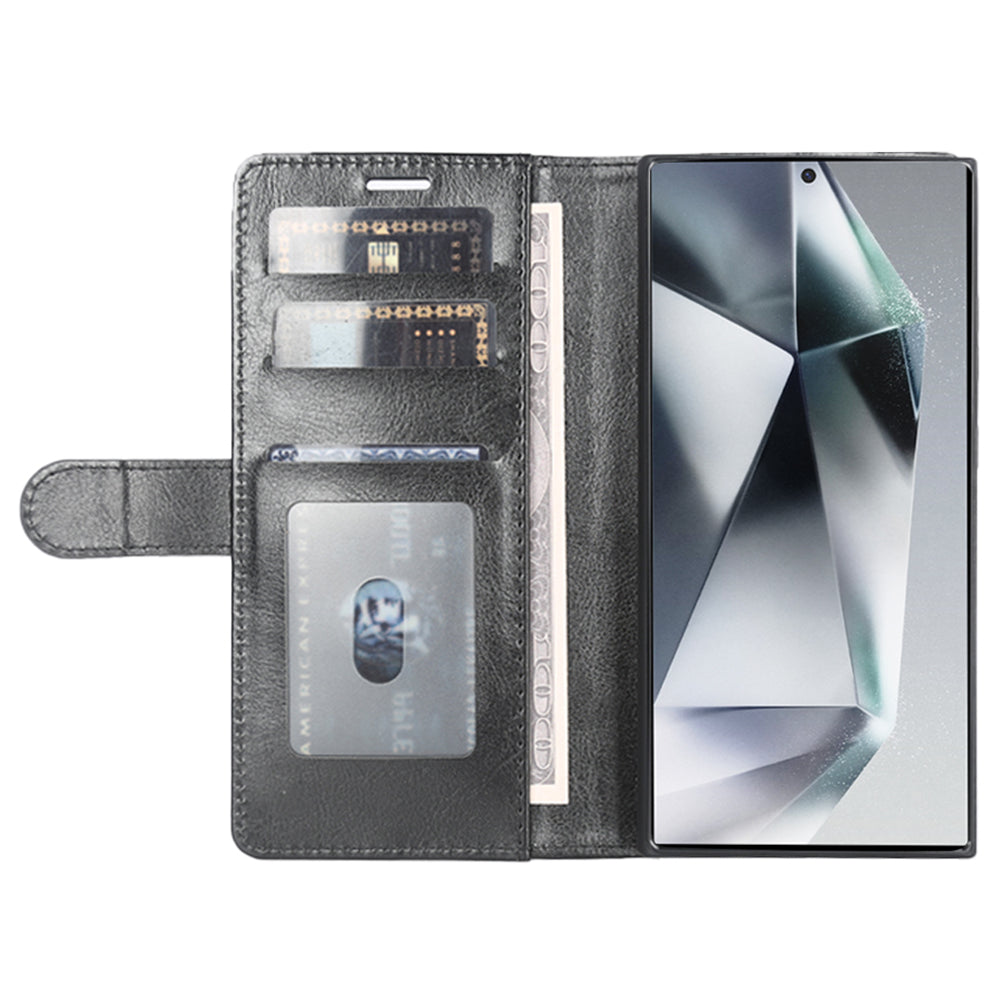 For Samsung Galaxy S24 Ultra Case Crazy Horse Texture Wallet Phone Case PU Leather Flip Cover - Black