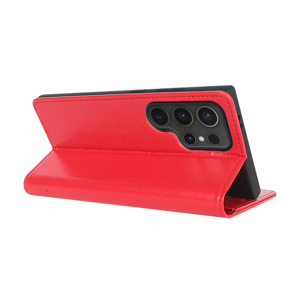 For Samsung Galaxy S24 Ultra Case Crazy Horse Texture Wallet Phone Case PU Leather Flip Cover - Red