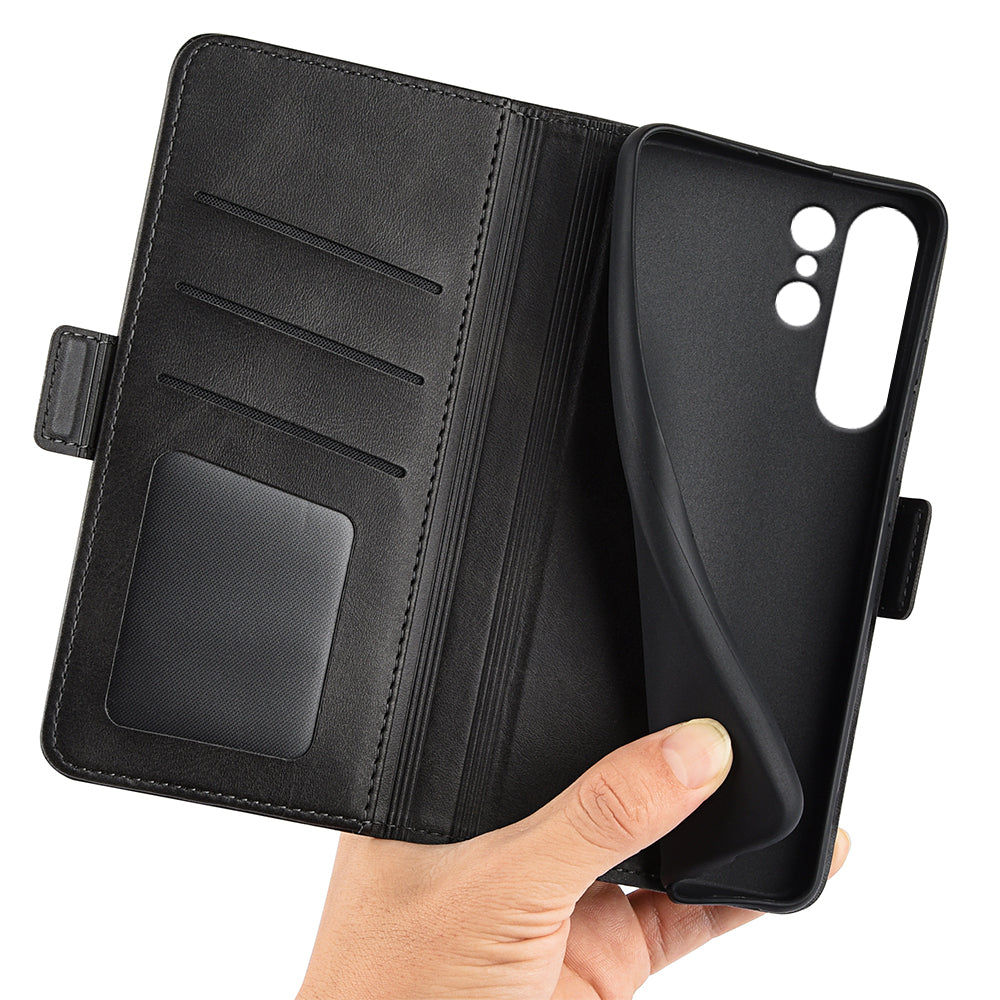 For Samsung Galaxy S24 Ultra Case PU Leather Dual Magnetic Clasp Protective Cover - Black