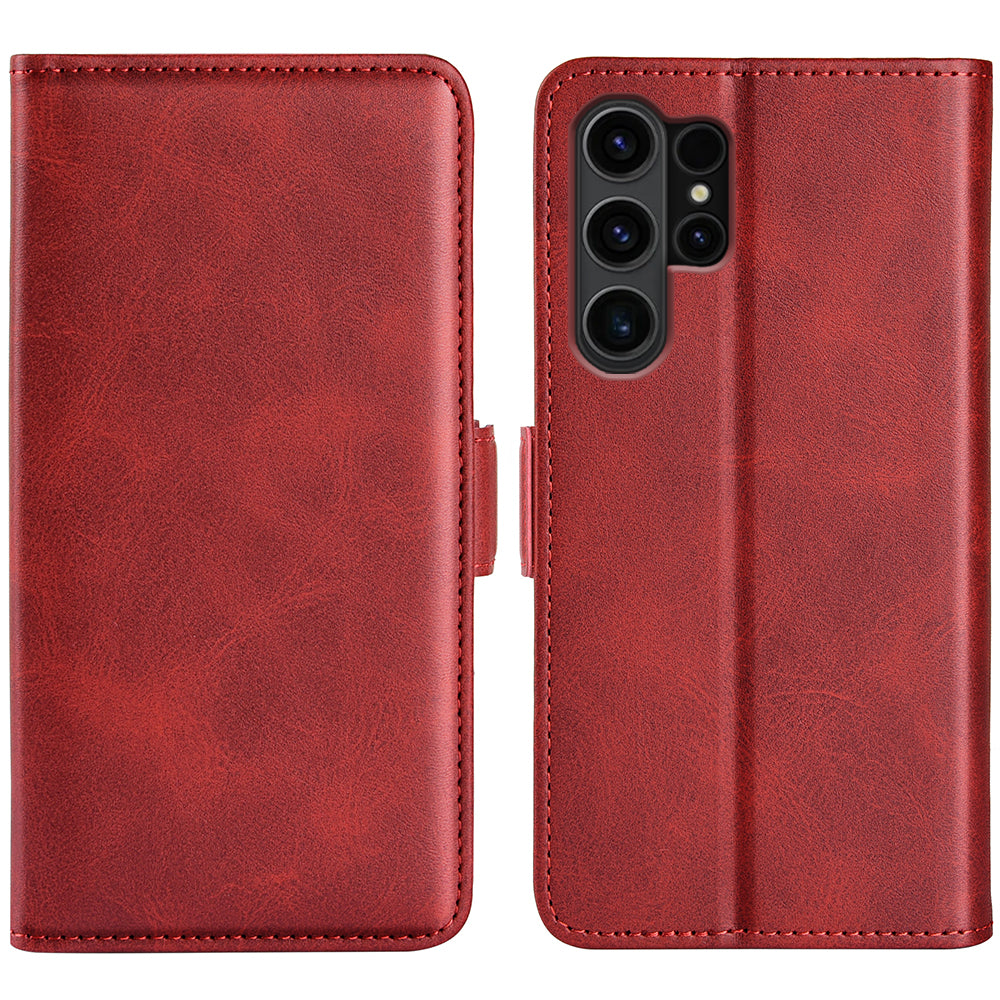 For Samsung Galaxy S24 Ultra Case PU Leather Dual Magnetic Clasp Protective Cover - Red