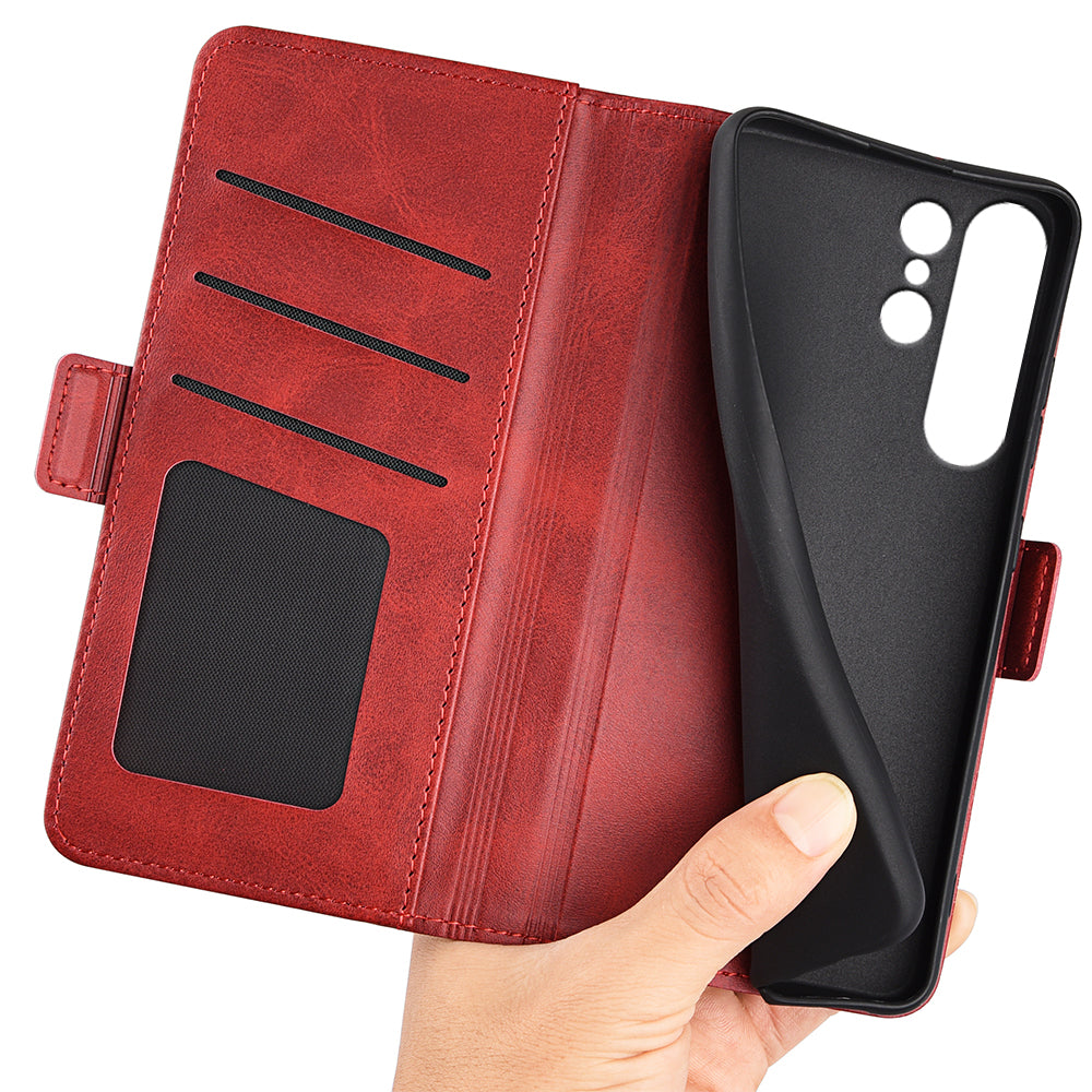 For Samsung Galaxy S24 Ultra Case PU Leather Dual Magnetic Clasp Protective Cover - Red
