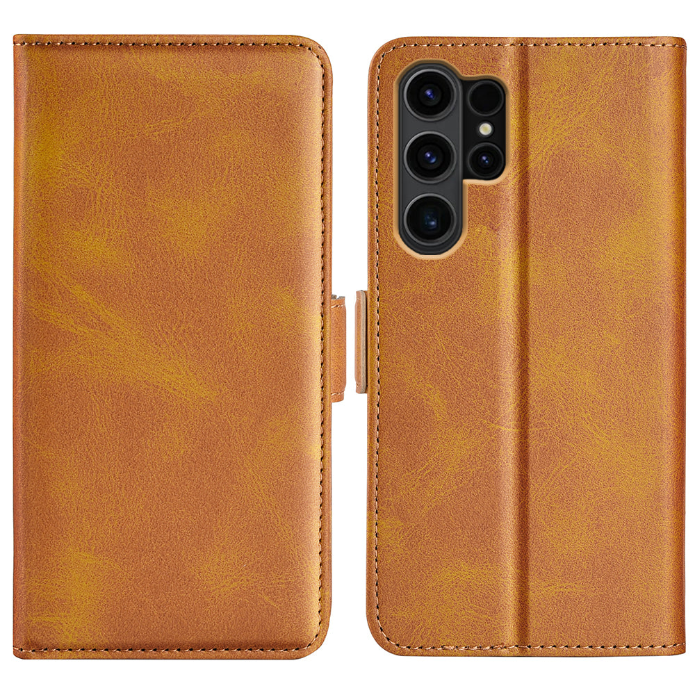 For Samsung Galaxy S24 Ultra Case PU Leather Dual Magnetic Clasp Protective Cover - Yellow