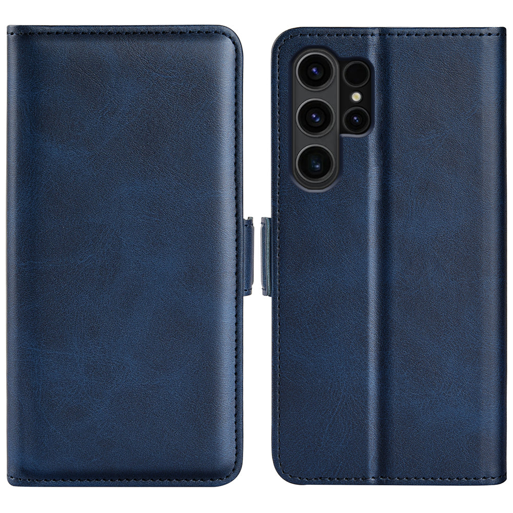 For Samsung Galaxy S24 Ultra Case PU Leather Dual Magnetic Clasp Protective Cover - Blue