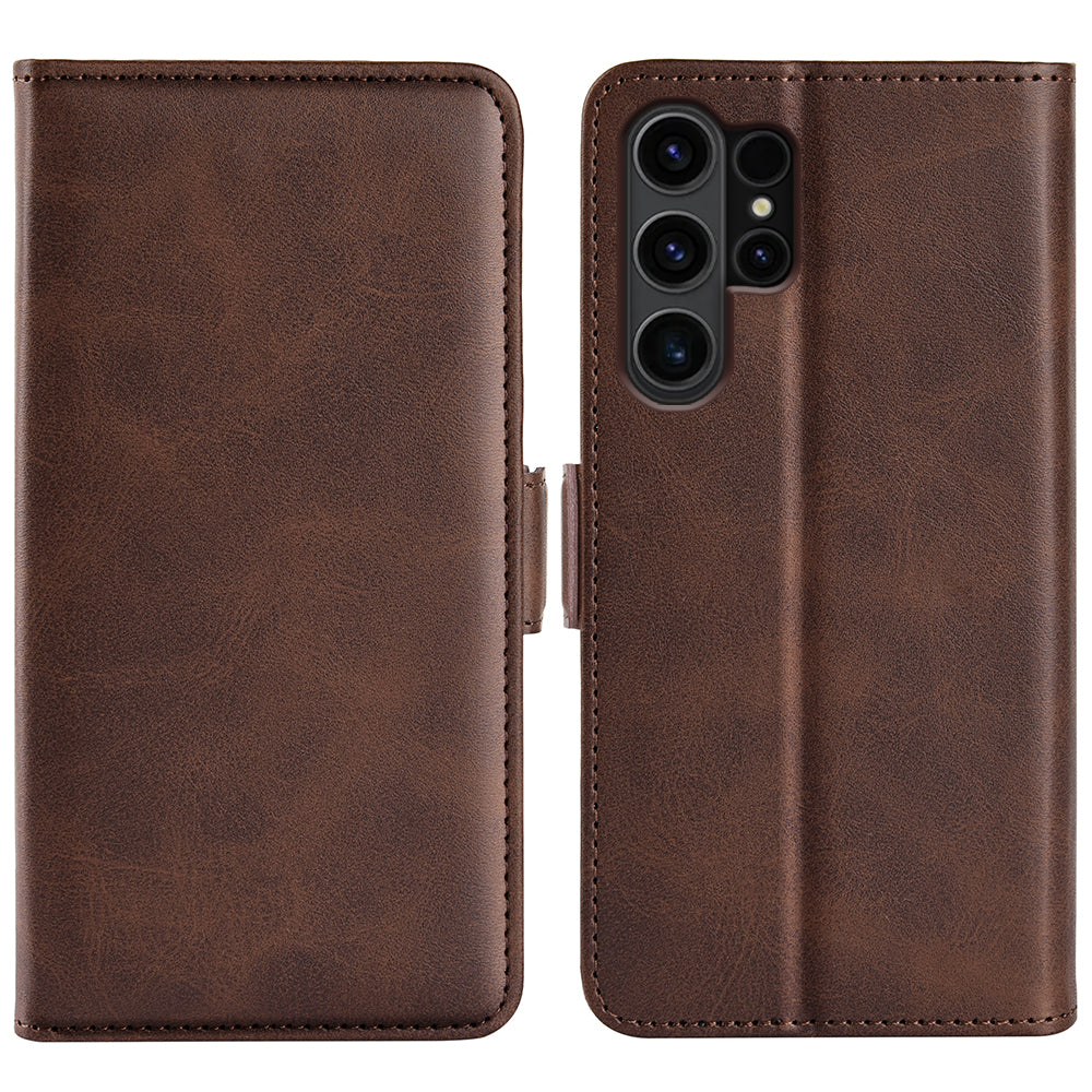 For Samsung Galaxy S24 Ultra Case PU Leather Dual Magnetic Clasp Protective Cover - Brown