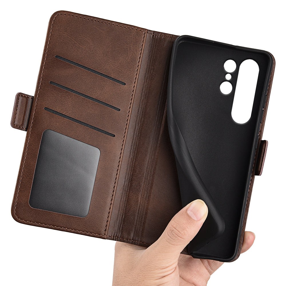 For Samsung Galaxy S24 Ultra Case PU Leather Dual Magnetic Clasp Protective Cover - Brown