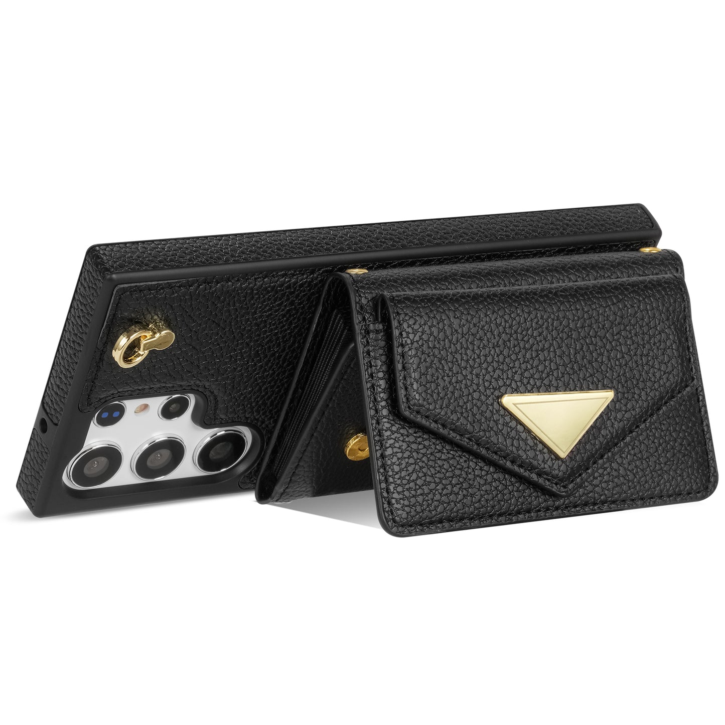 For Samsung Galaxy S24 Ultra Case Organ Card Bag Leather+TPU Cover with Shoulder Strap - Black