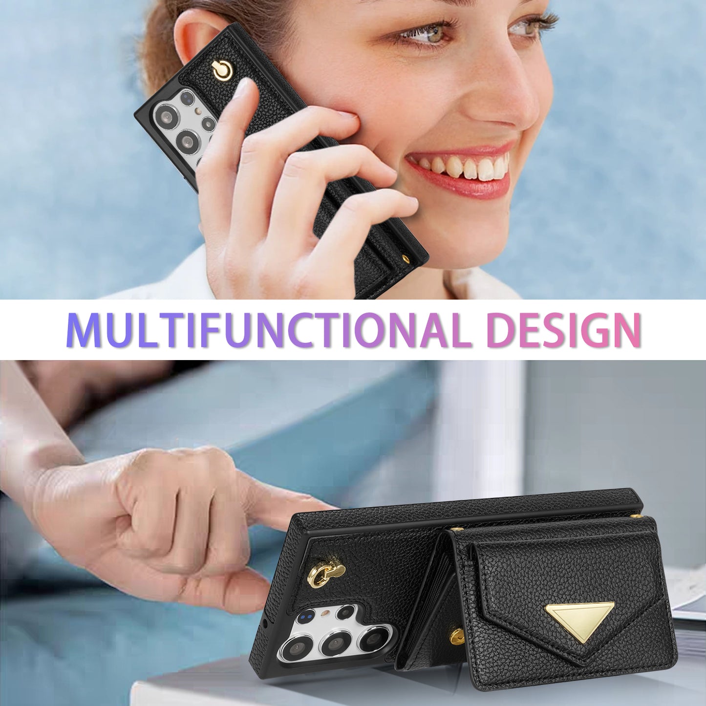 For Samsung Galaxy S24 Ultra Case Organ Card Bag Leather+TPU Cover with Shoulder Strap - Black