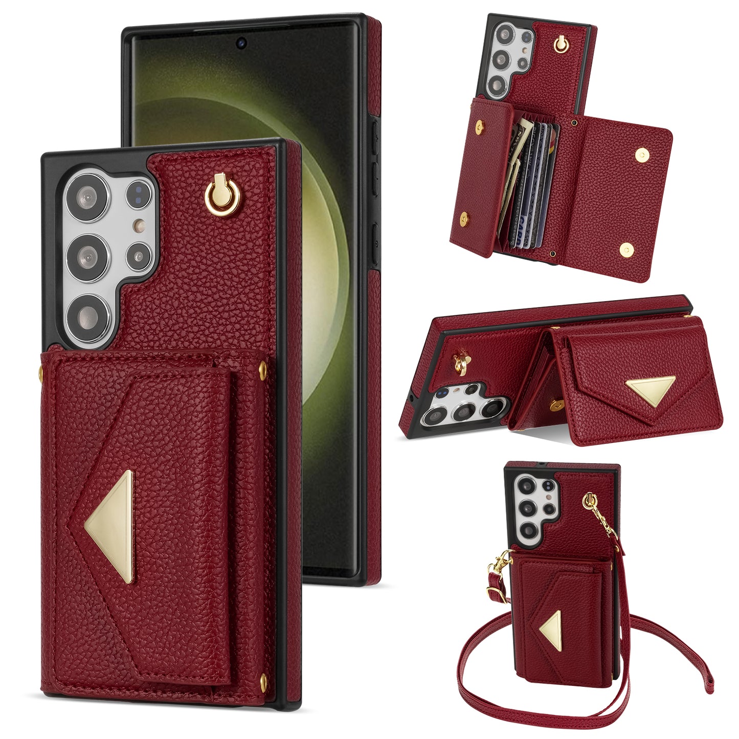 For Samsung Galaxy S24 Ultra Case Organ Card Bag Leather+TPU Cover with Shoulder Strap - Wine Red