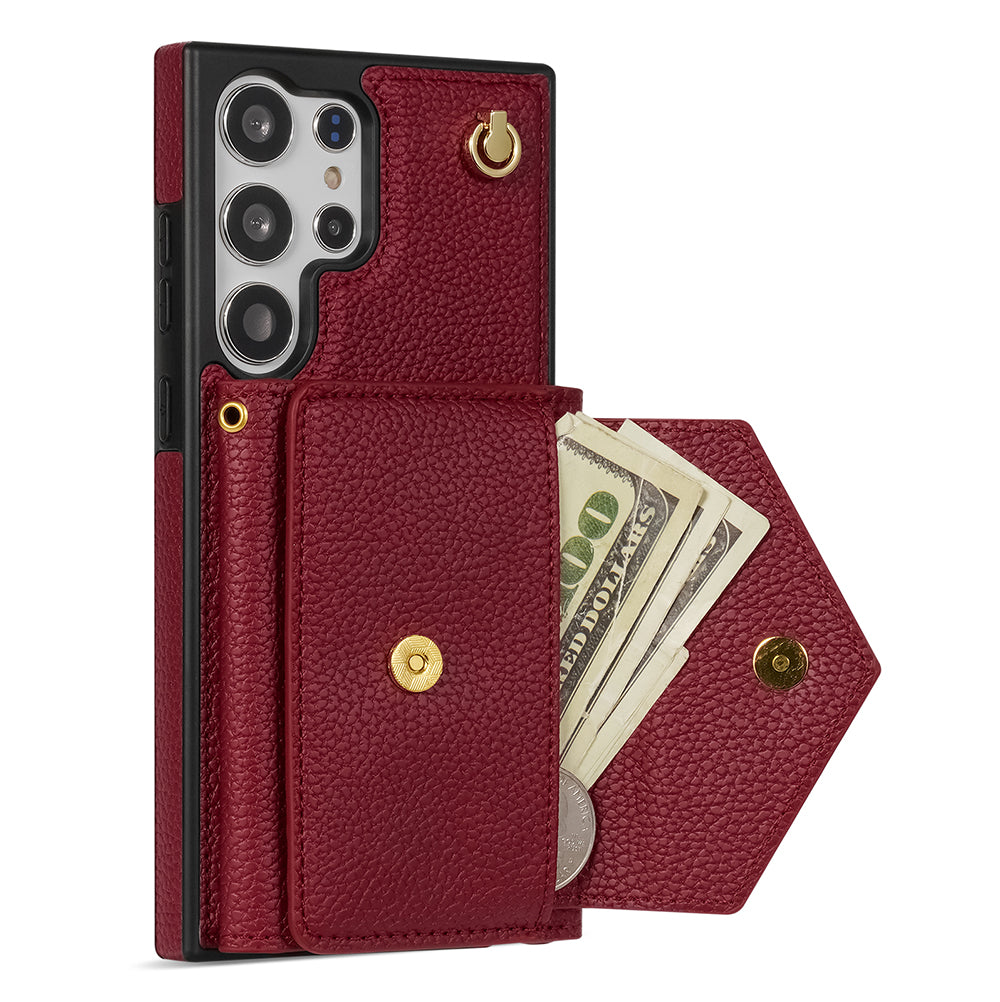 For Samsung Galaxy S24 Ultra Case Organ Card Bag Leather+TPU Cover with Shoulder Strap - Wine Red