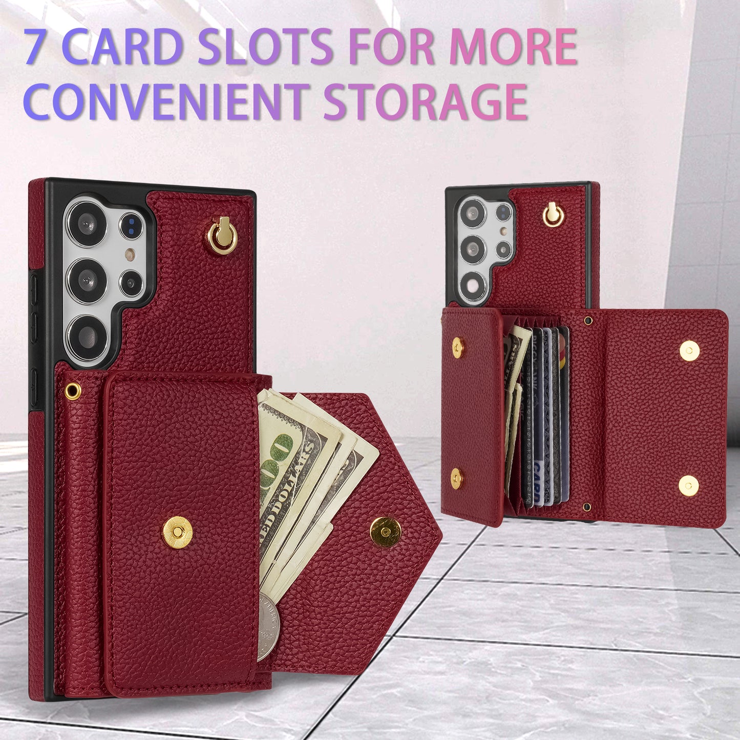 For Samsung Galaxy S24 Ultra Case Organ Card Bag Leather+TPU Cover with Shoulder Strap - Wine Red