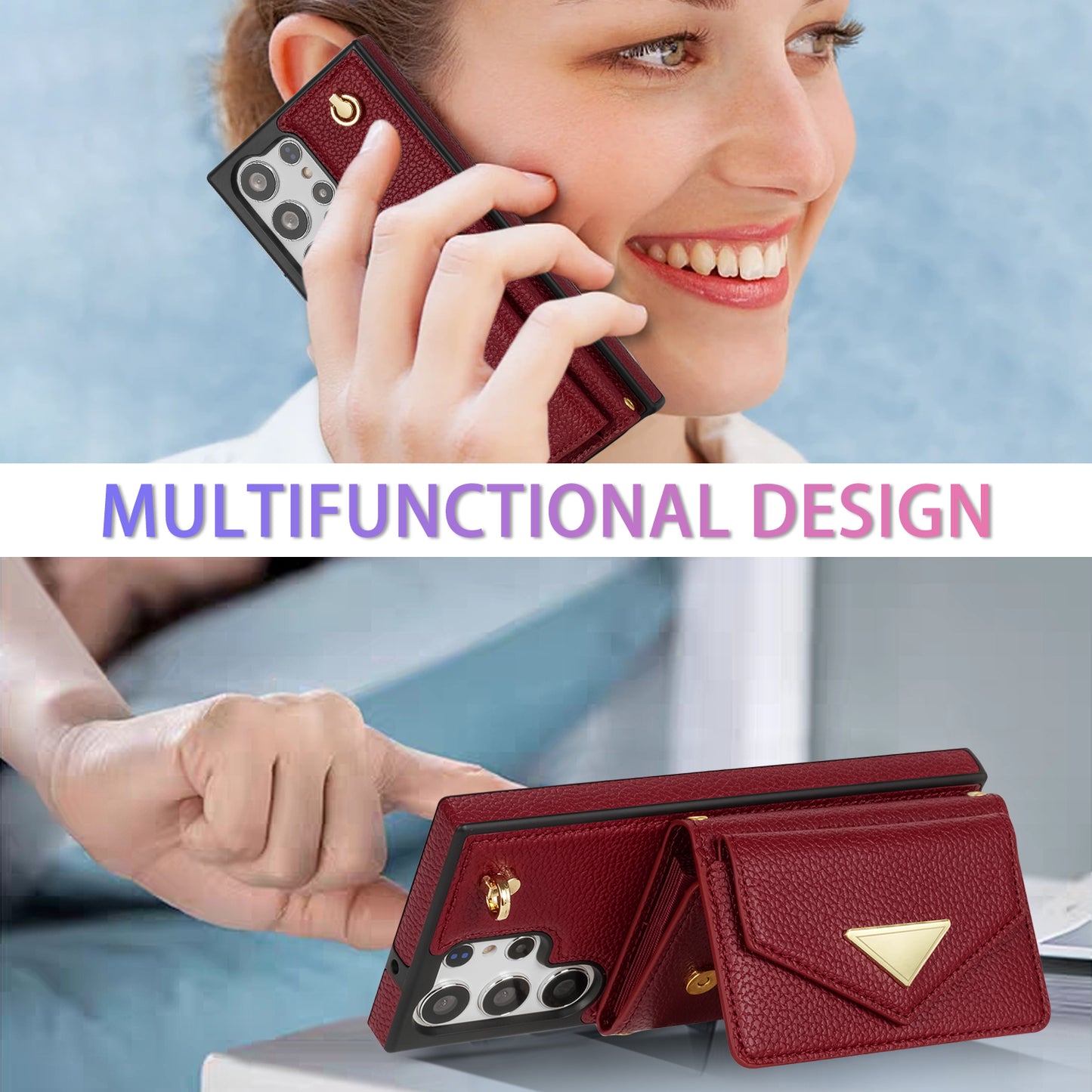 For Samsung Galaxy S24 Ultra Case Organ Card Bag Leather+TPU Cover with Shoulder Strap - Wine Red