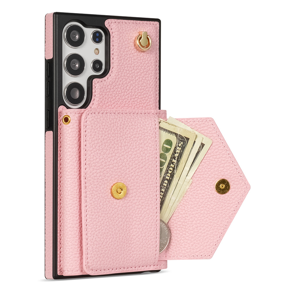 For Samsung Galaxy S24 Ultra Case Organ Card Bag Leather+TPU Cover with Shoulder Strap - Pink