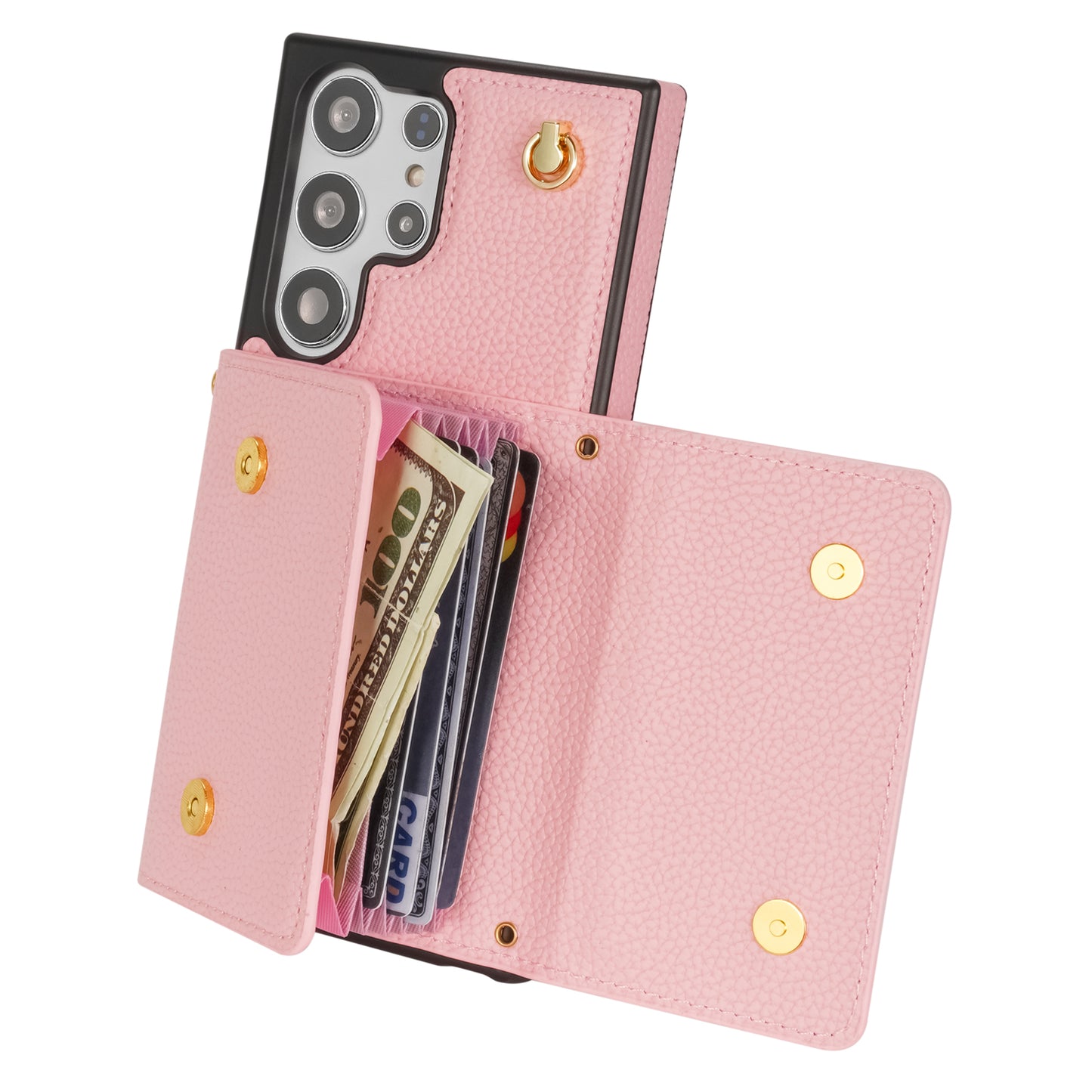 For Samsung Galaxy S24 Ultra Case Organ Card Bag Leather+TPU Cover with Shoulder Strap - Pink