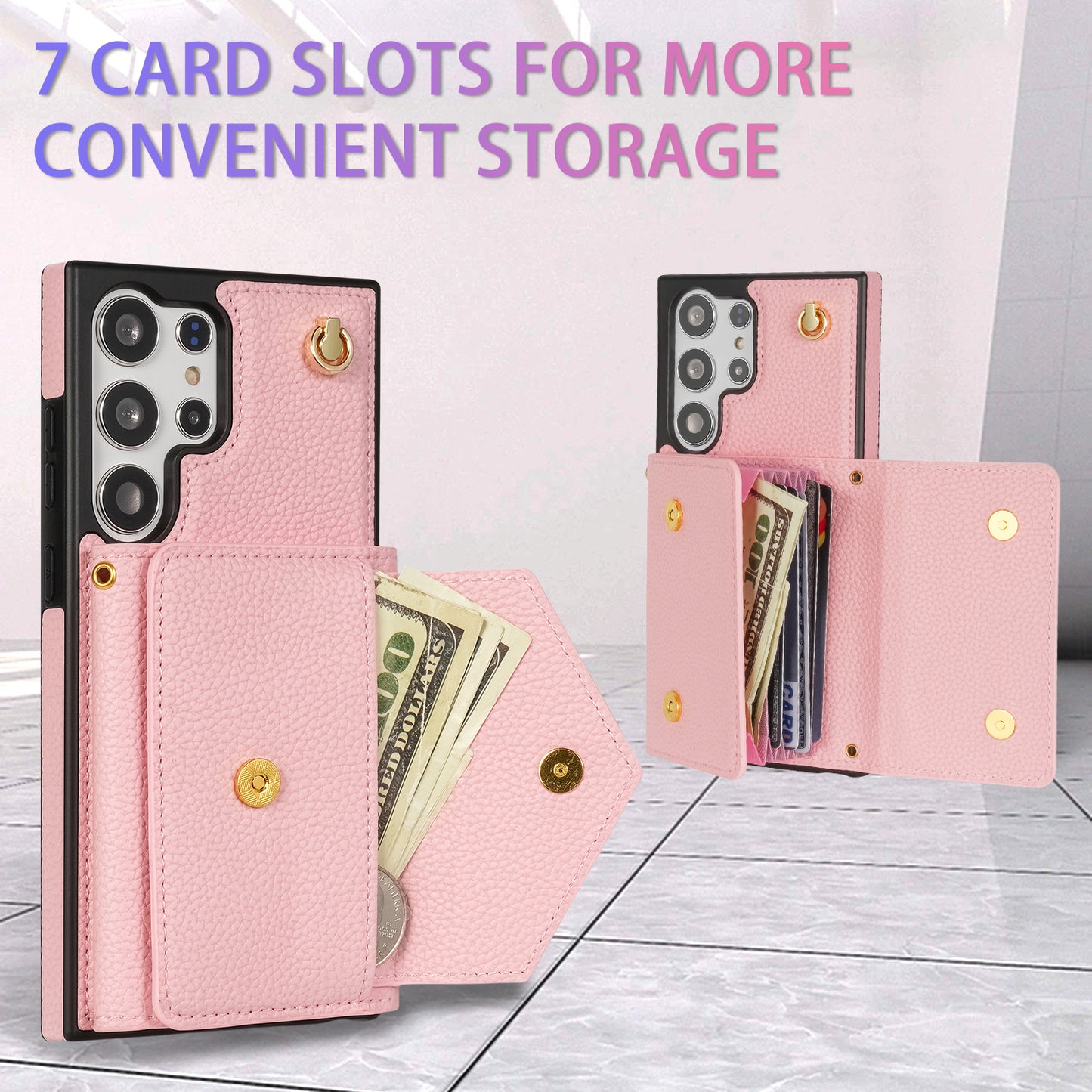 For Samsung Galaxy S24 Ultra Case Organ Card Bag Leather+TPU Cover with Shoulder Strap - Pink