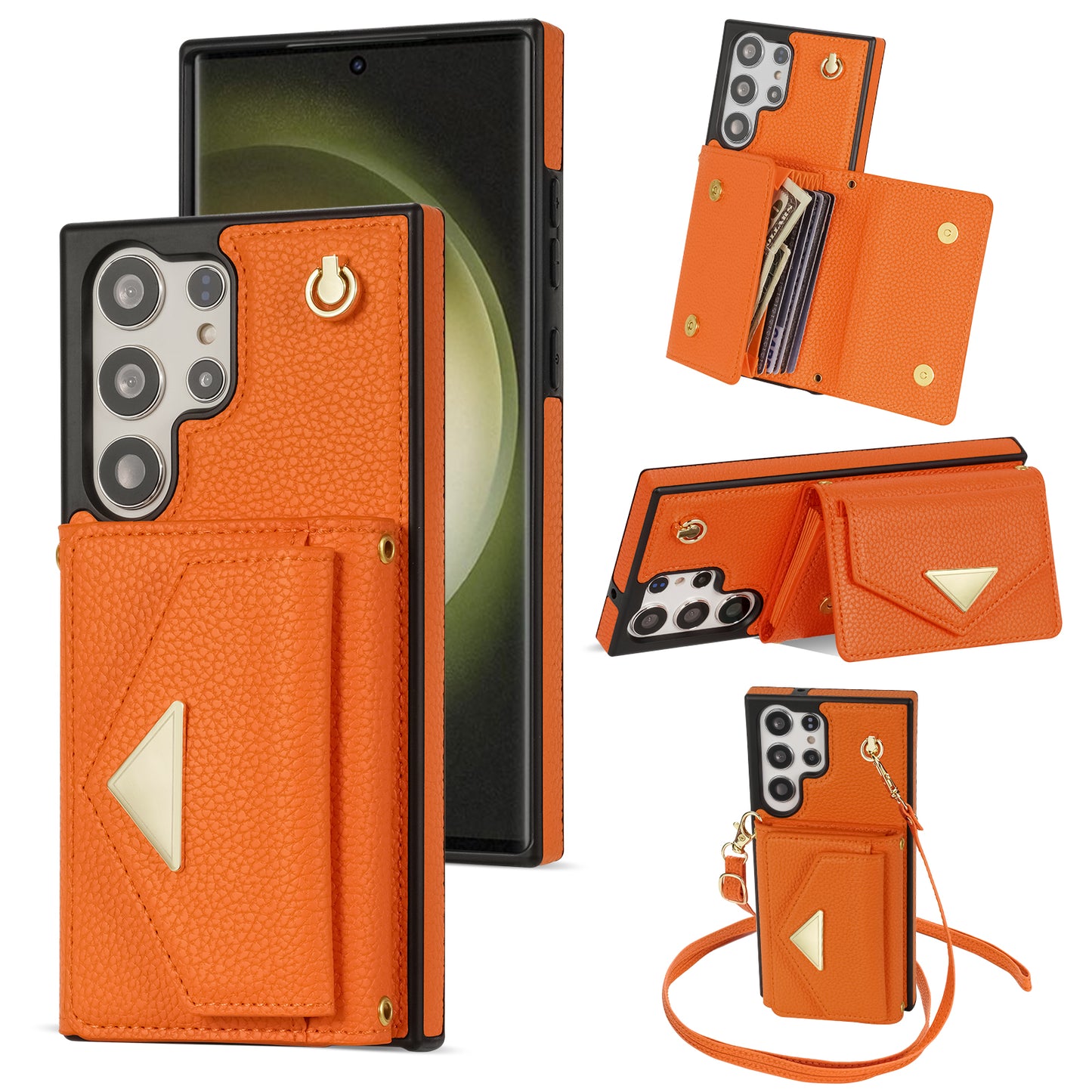For Samsung Galaxy S24 Ultra Case Organ Card Bag Leather+TPU Cover with Shoulder Strap - Orange