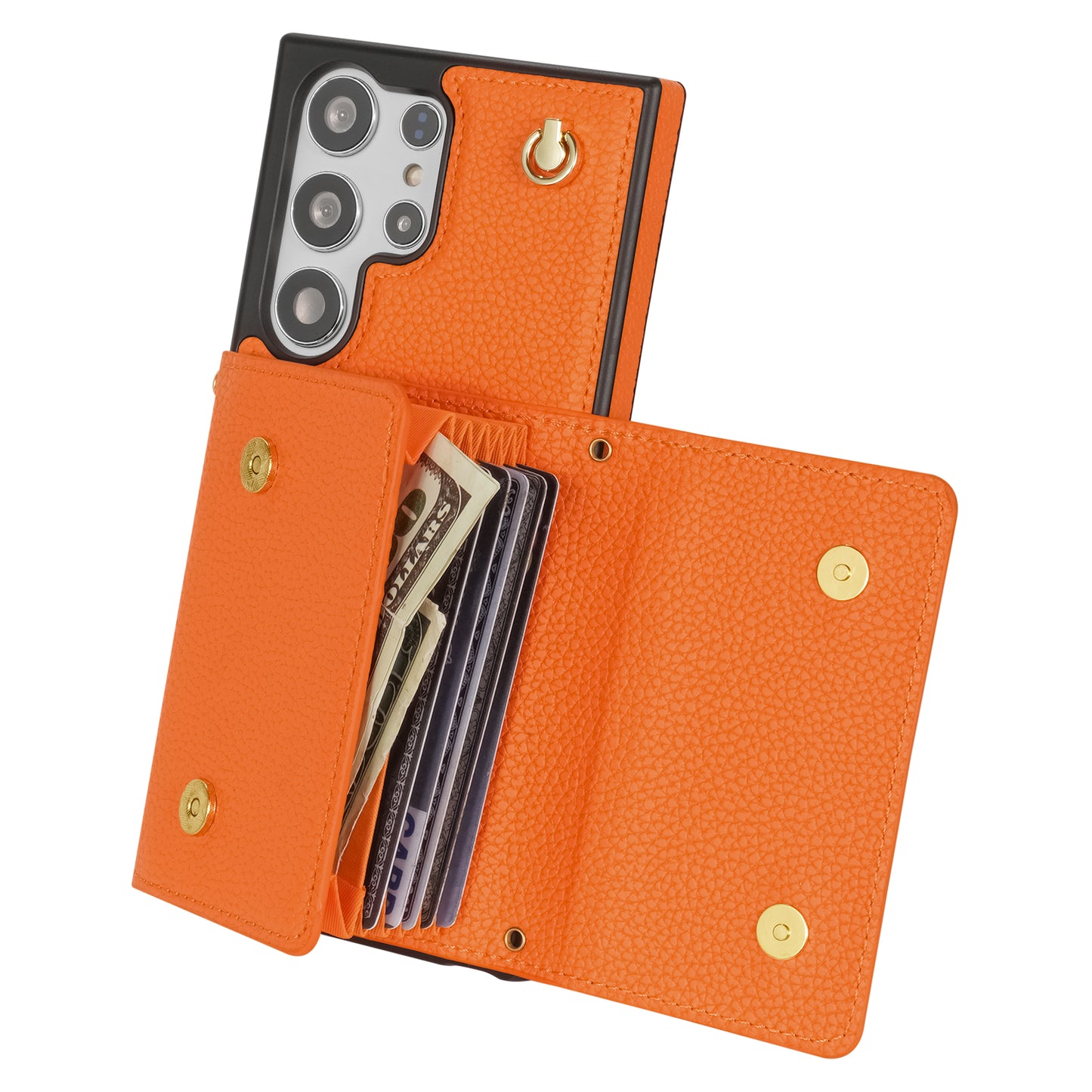 For Samsung Galaxy S24 Ultra Case Organ Card Bag Leather+TPU Cover with Shoulder Strap - Orange