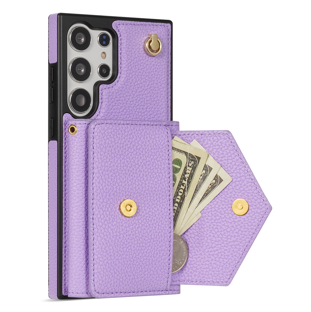 For Samsung Galaxy S24 Ultra Case Organ Card Bag Leather+TPU Cover with Shoulder Strap - Purple