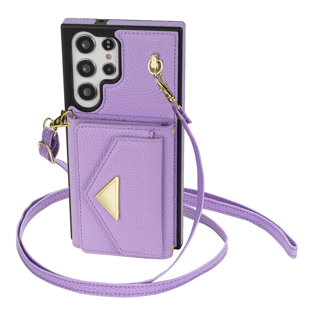 For Samsung Galaxy S24 Ultra Case Organ Card Bag Leather+TPU Cover with Shoulder Strap - Purple