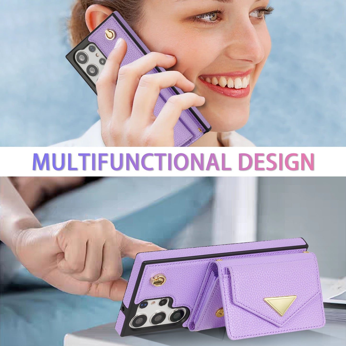 For Samsung Galaxy S24 Ultra Case Organ Card Bag Leather+TPU Cover with Shoulder Strap - Purple