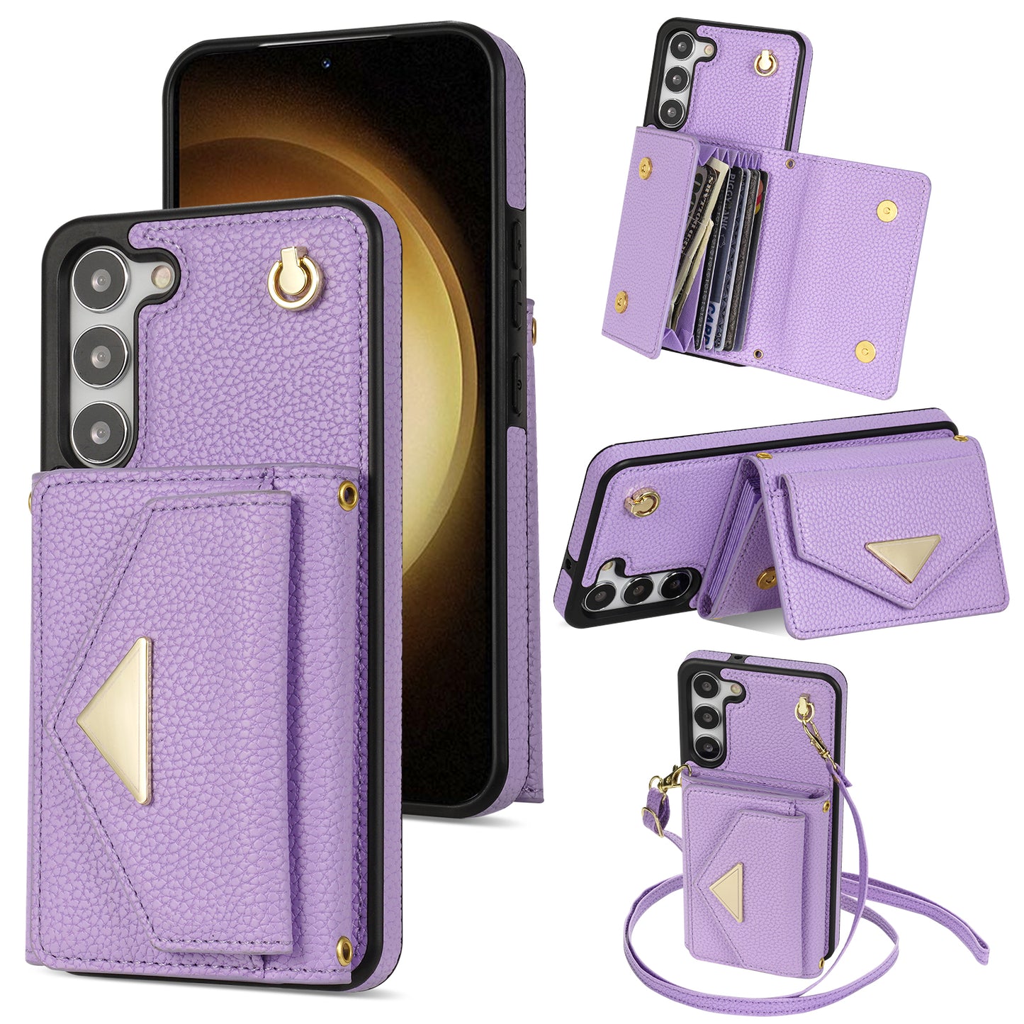 For Samsung Galaxy S24+ Cell Phone Case Card Bag Anti-drop Leather+TPU Cover with Shoulder Strap - Purple