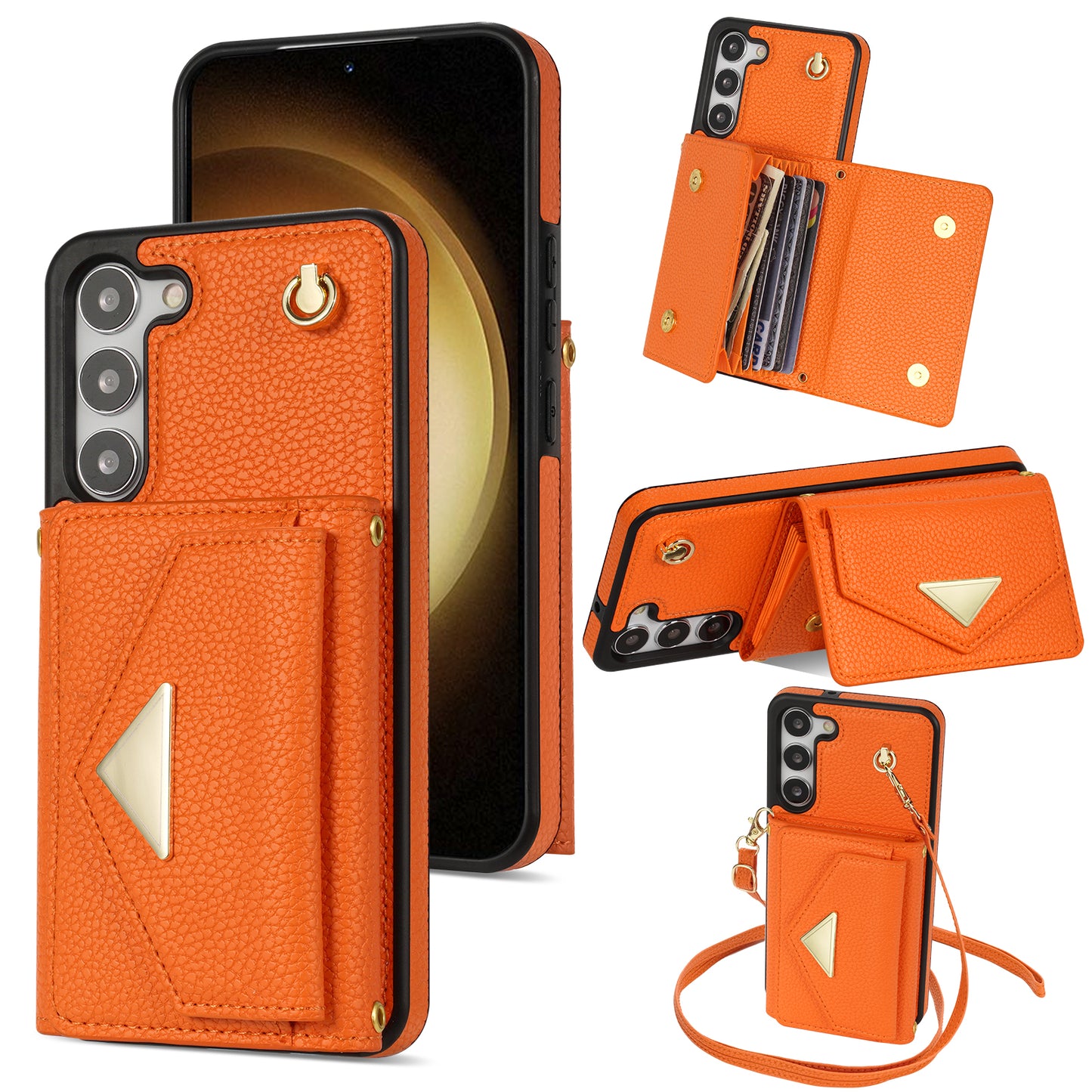 For Samsung Galaxy S24+ Cell Phone Case Card Bag Anti-drop Leather+TPU Cover with Shoulder Strap - Orange