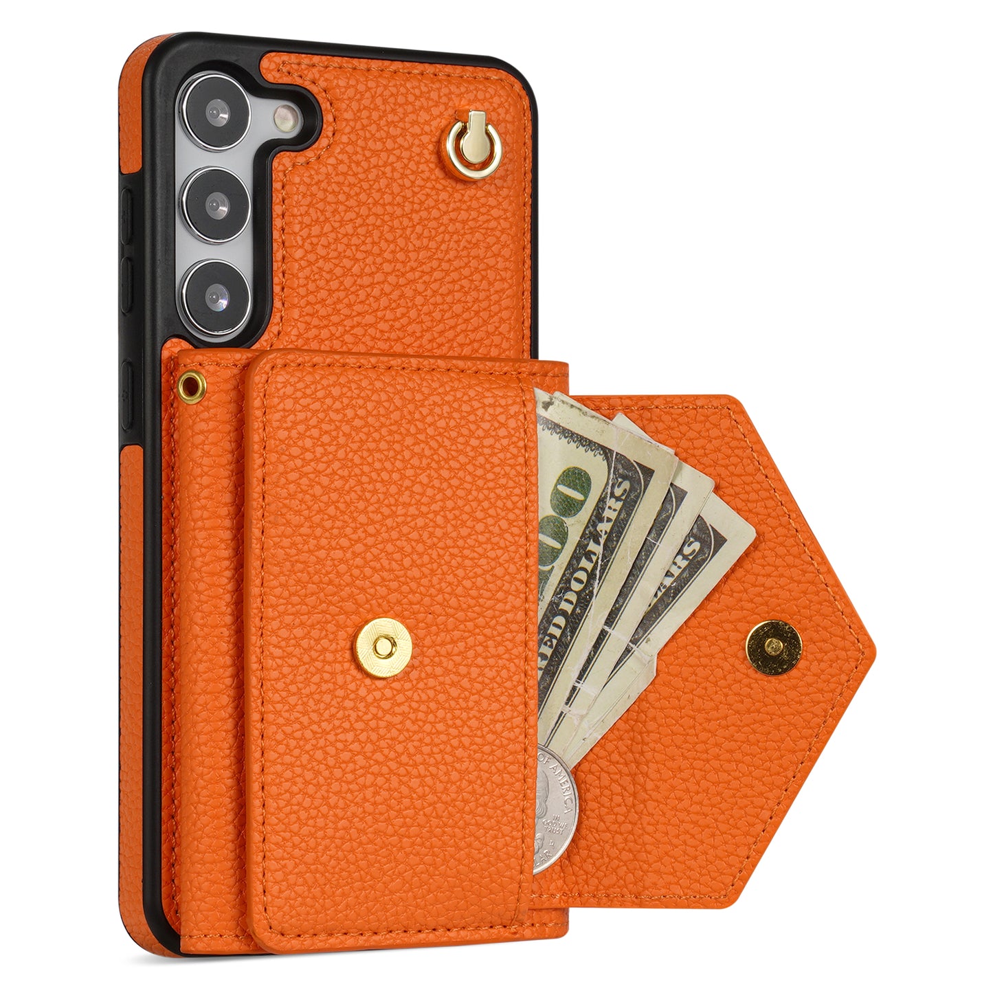 For Samsung Galaxy S24+ Cell Phone Case Card Bag Anti-drop Leather+TPU Cover with Shoulder Strap - Orange