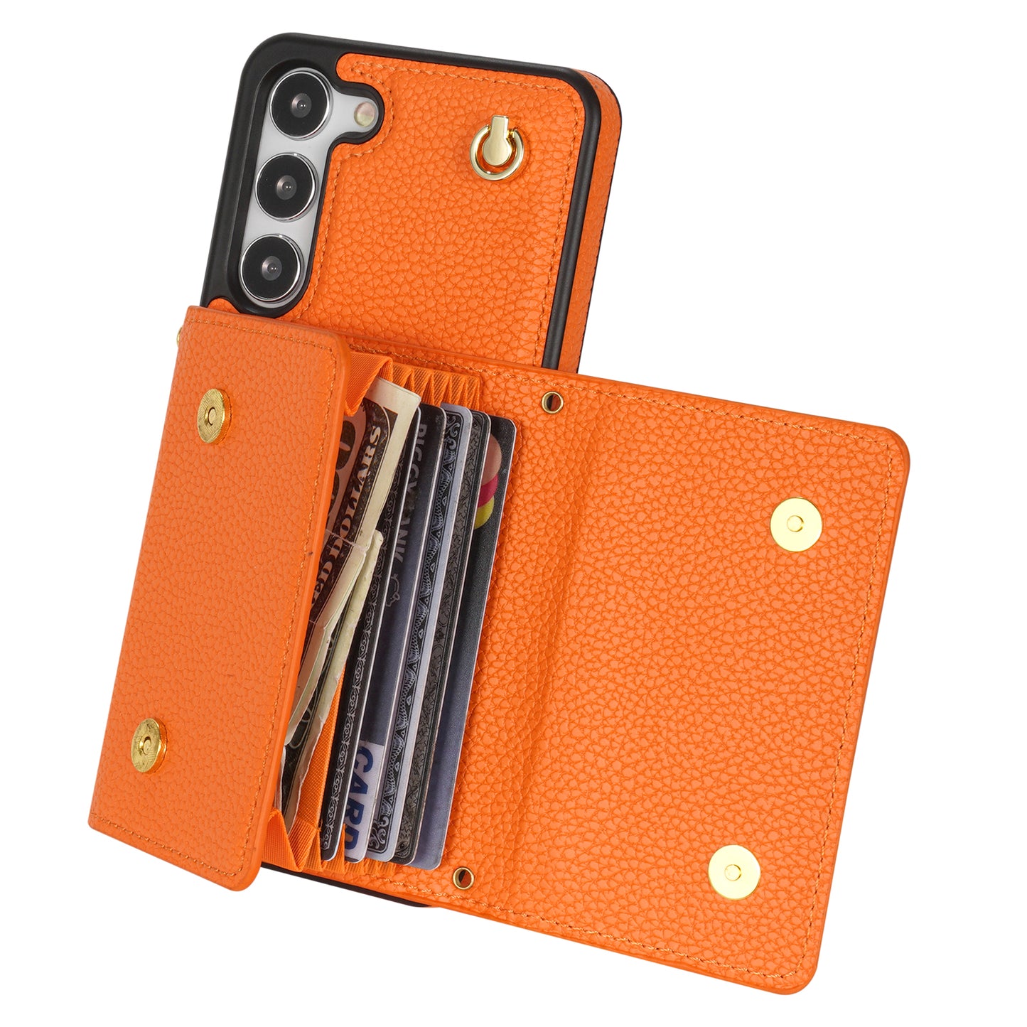 For Samsung Galaxy S24+ Cell Phone Case Card Bag Anti-drop Leather+TPU Cover with Shoulder Strap - Orange