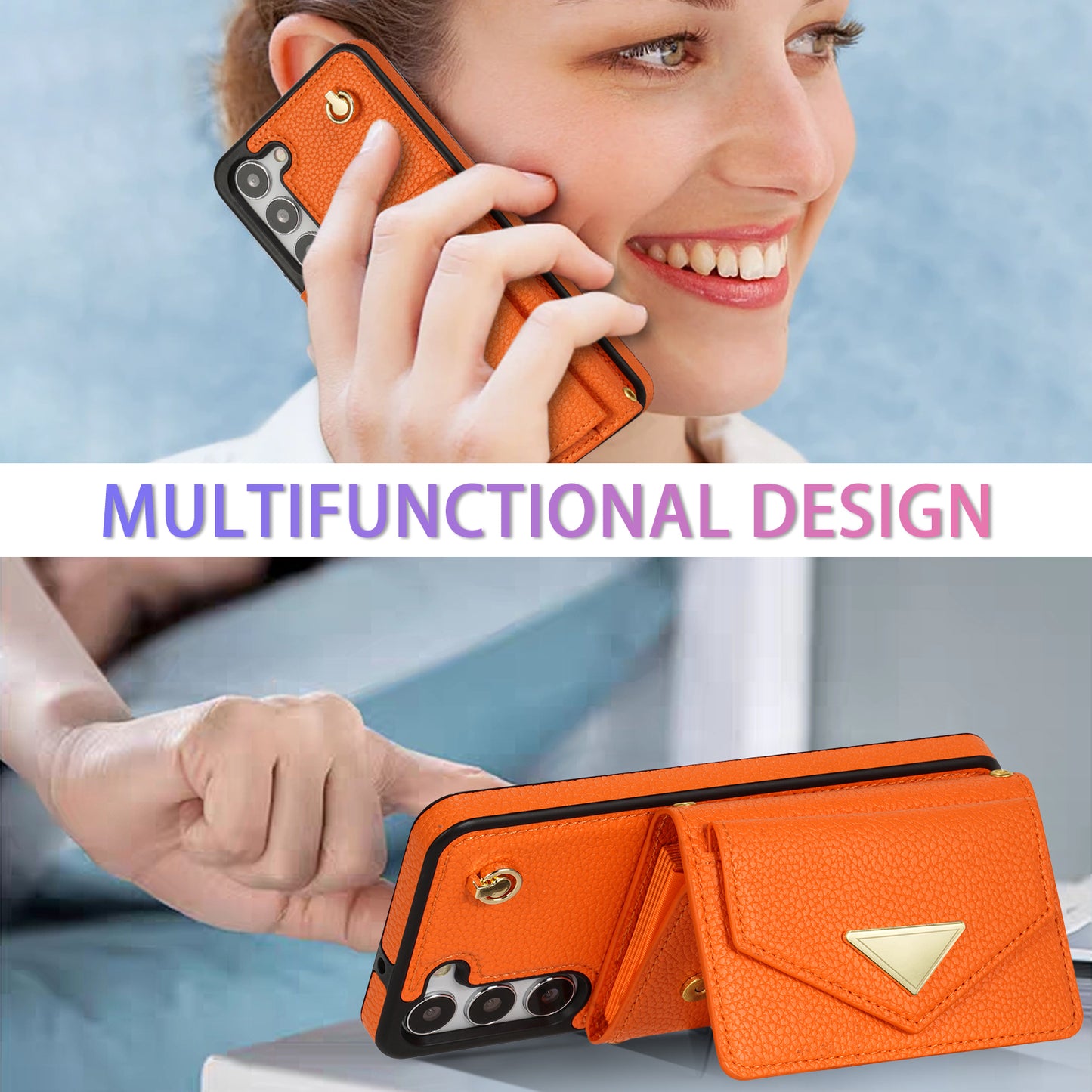 For Samsung Galaxy S24+ Cell Phone Case Card Bag Anti-drop Leather+TPU Cover with Shoulder Strap - Orange