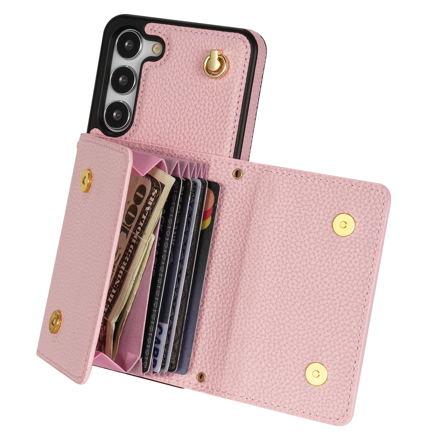For Samsung Galaxy S24+ Cell Phone Case Card Bag Anti-drop Leather+TPU Cover with Shoulder Strap - Pink
