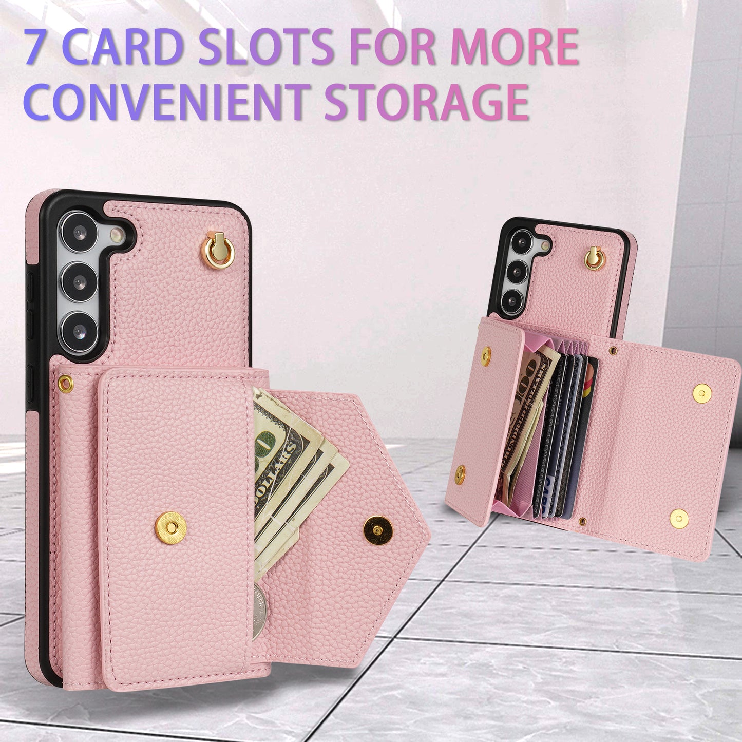 For Samsung Galaxy S24+ Cell Phone Case Card Bag Anti-drop Leather+TPU Cover with Shoulder Strap - Pink