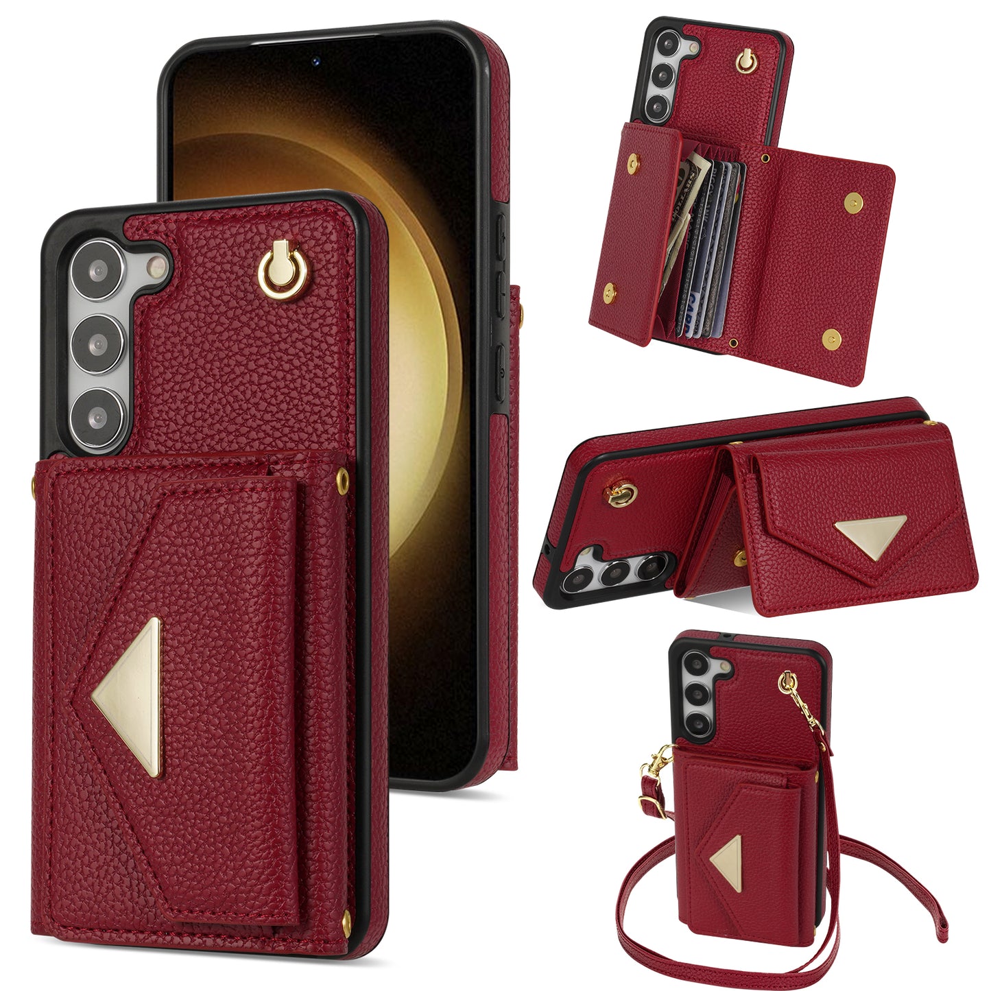 For Samsung Galaxy S24+ Cell Phone Case Card Bag Anti-drop Leather+TPU Cover with Shoulder Strap - Wine Red
