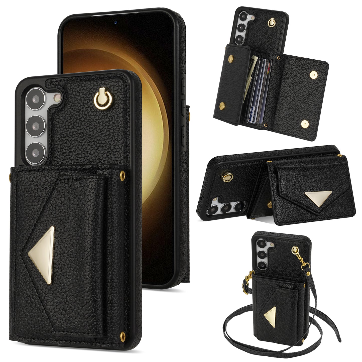 For Samsung Galaxy S24 Cell Phone Case Card Holder Leather+TPU Back Cover with Long Strap - Black