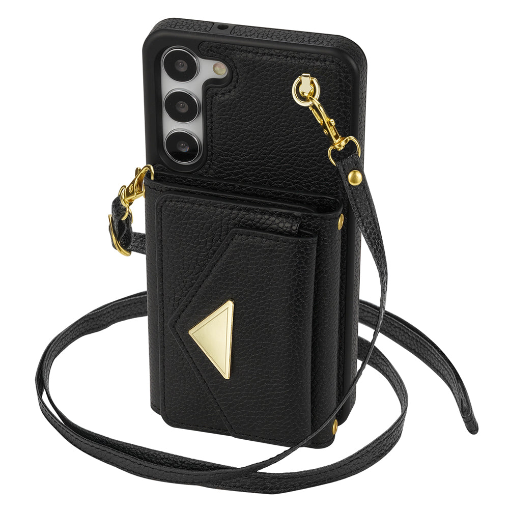 For Samsung Galaxy S24 Cell Phone Case Card Holder Leather+TPU Back Cover with Long Strap - Black