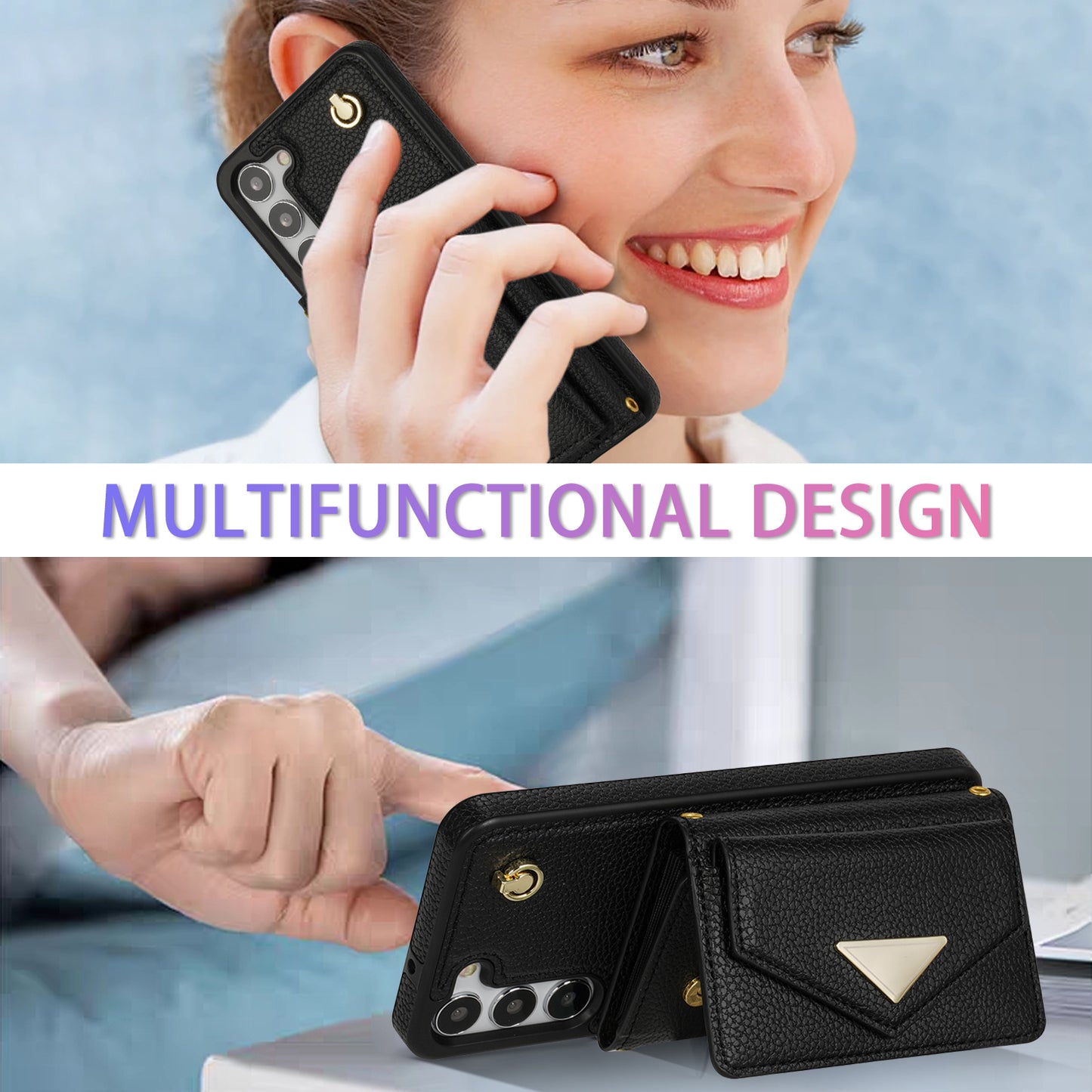 For Samsung Galaxy S24 Cell Phone Case Card Holder Leather+TPU Back Cover with Long Strap - Black