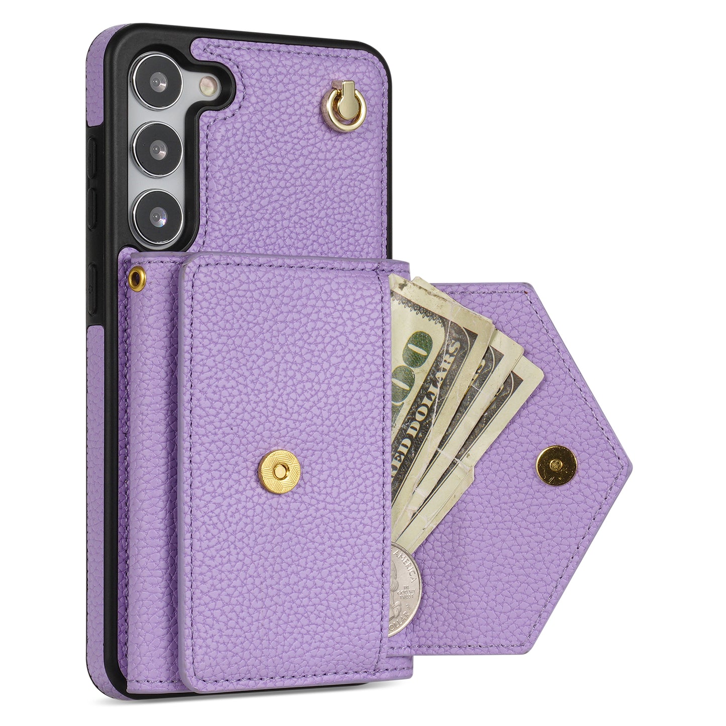 For Samsung Galaxy S24 Cell Phone Case Card Holder Leather+TPU Back Cover with Long Strap - Purple