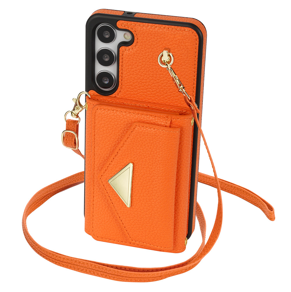 For Samsung Galaxy S24 Cell Phone Case Card Holder Leather+TPU Back Cover with Long Strap - Orange