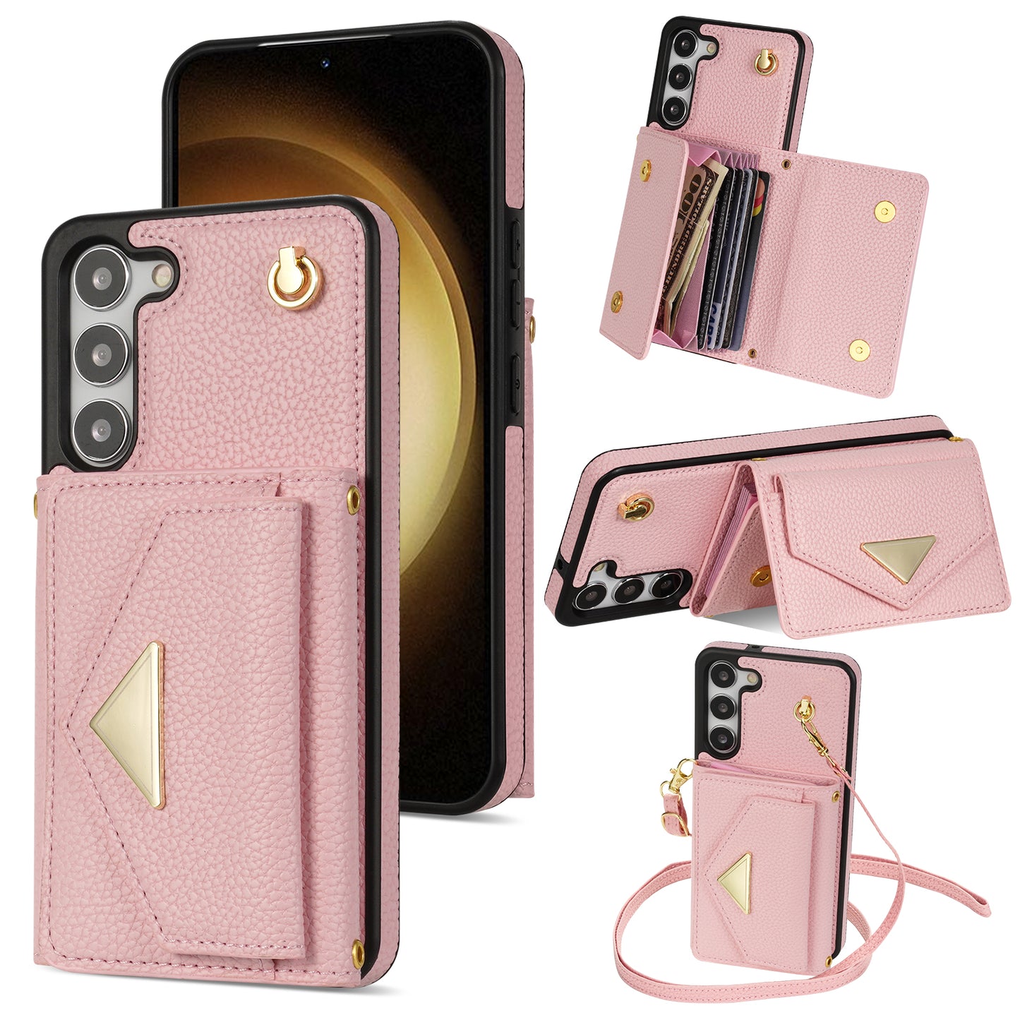 For Samsung Galaxy S24 Cell Phone Case Card Holder Leather+TPU Back Cover with Long Strap - Pink