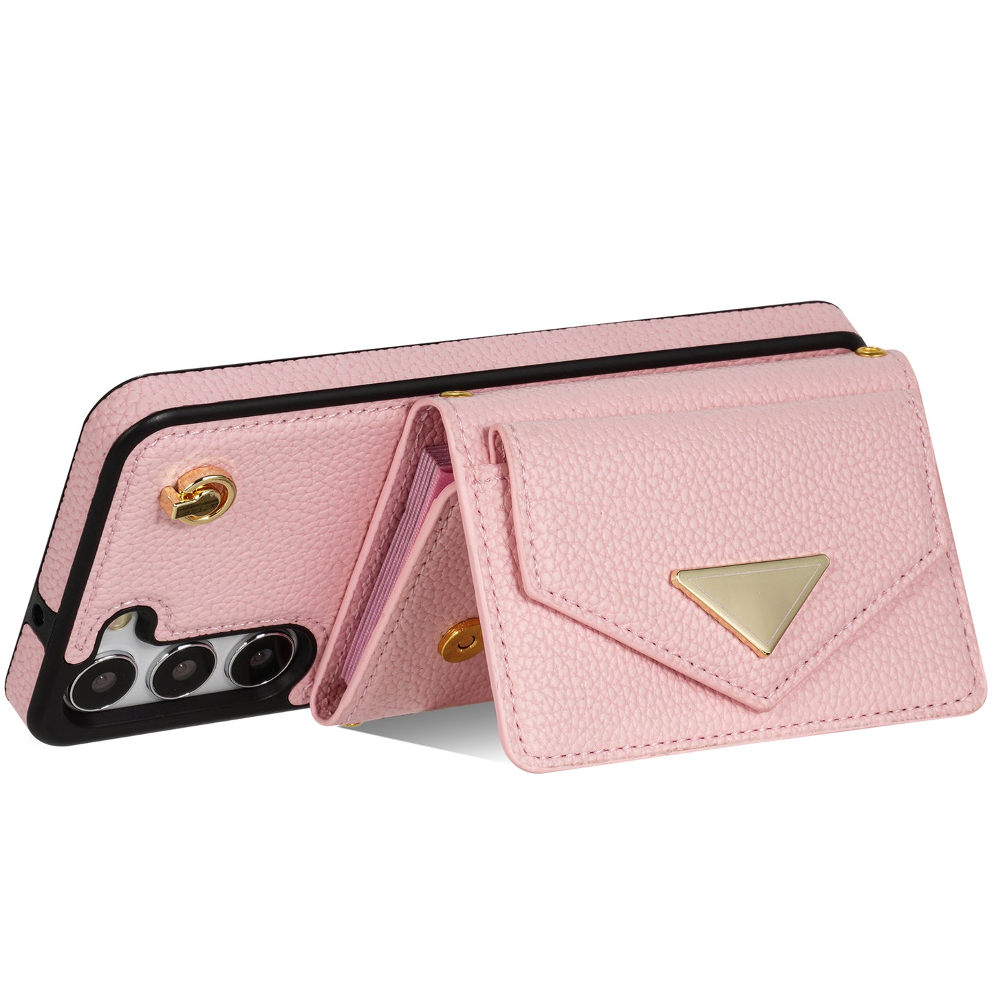 For Samsung Galaxy S24 Cell Phone Case Card Holder Leather+TPU Back Cover with Long Strap - Pink