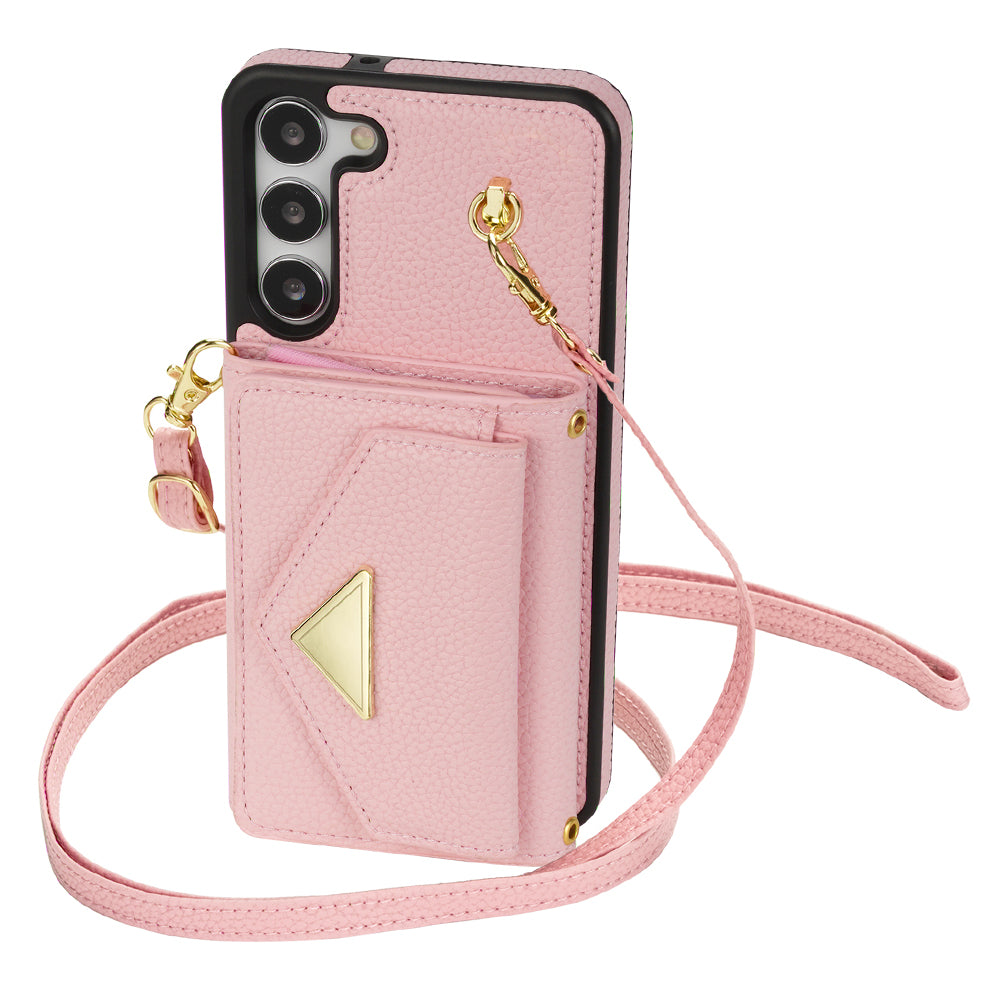 For Samsung Galaxy S24 Cell Phone Case Card Holder Leather+TPU Back Cover with Long Strap - Pink