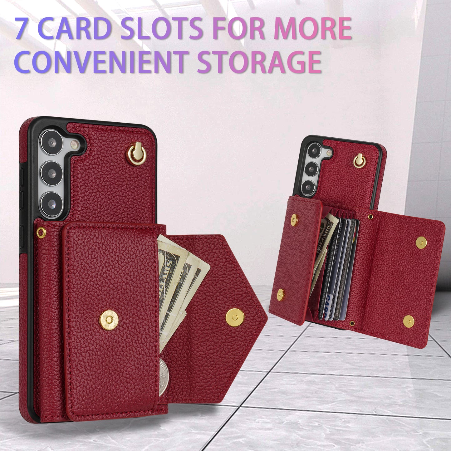 For Samsung Galaxy S24 Cell Phone Case Card Holder Leather+TPU Back Cover with Long Strap - Wine Red