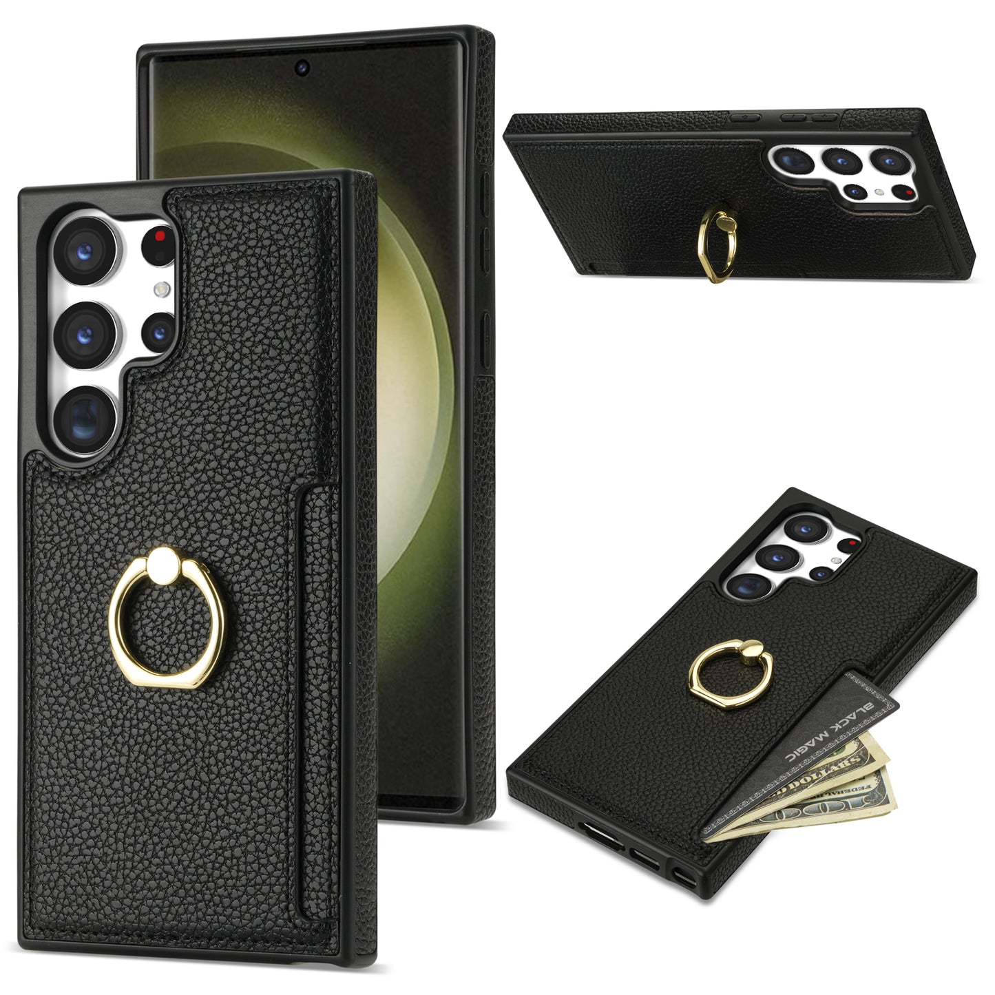 For Samsung Galaxy S24 Ultra Cell Phone Case PU Leather + TPU Ring Kickstand Cover - Black