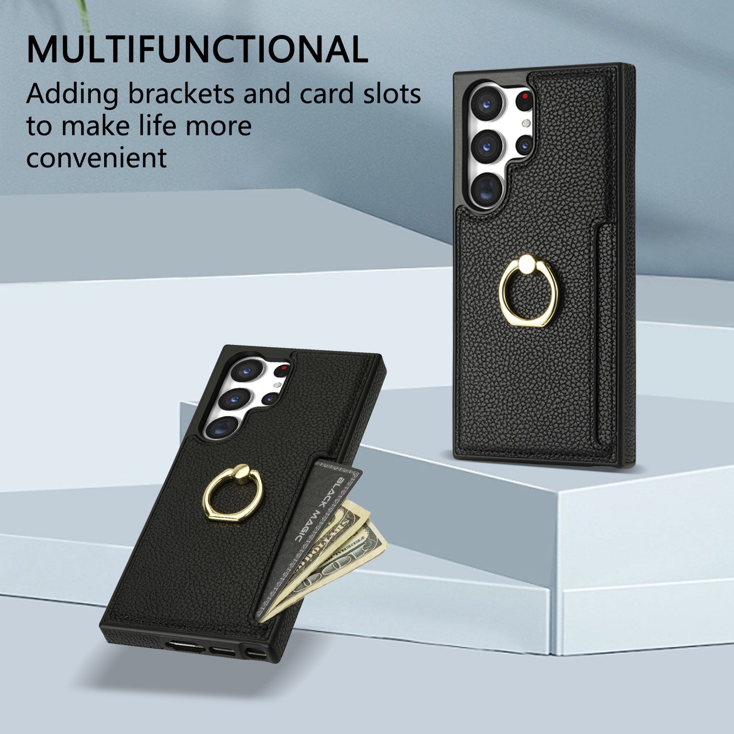 For Samsung Galaxy S24 Ultra Cell Phone Case PU Leather + TPU Ring Kickstand Cover - Black